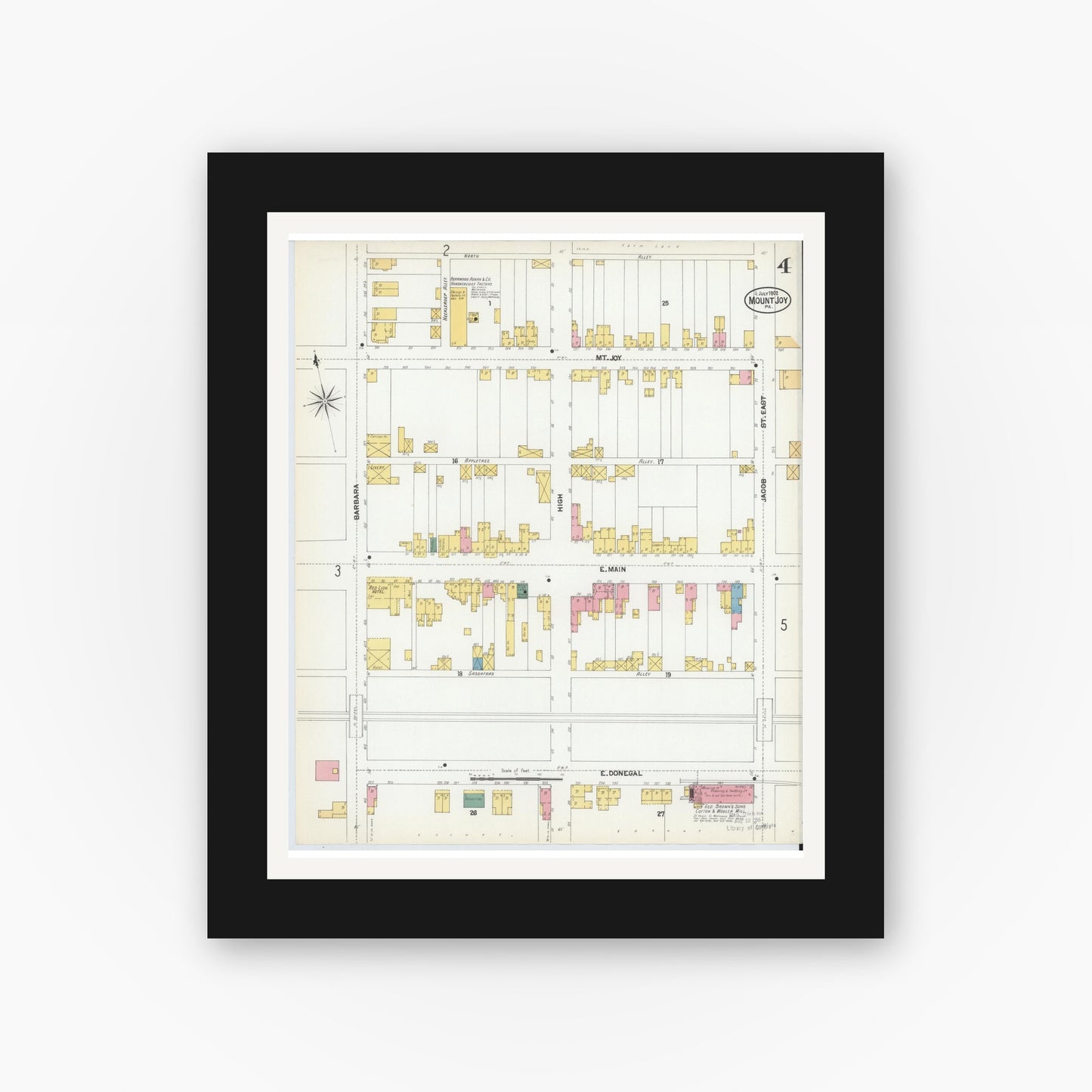 Old map wall art mockup — black gallery frame with white mat — Sanborn Fire Insurance Map from Mount Joy, Lancaster County, Pennsylvania (1902), Sheet #0004