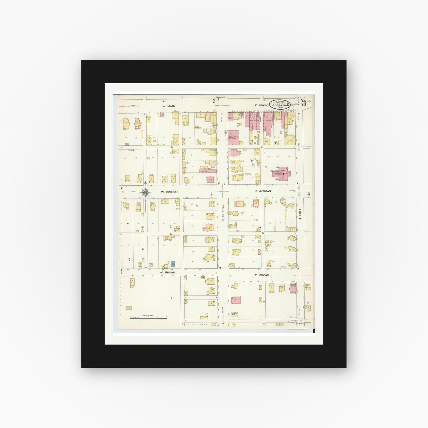Old map wall art mockup — black gallery frame with white mat — Sanborn Fire Insurance Map from Louisville, Stark County, Ohio (1915), Sheet #0003