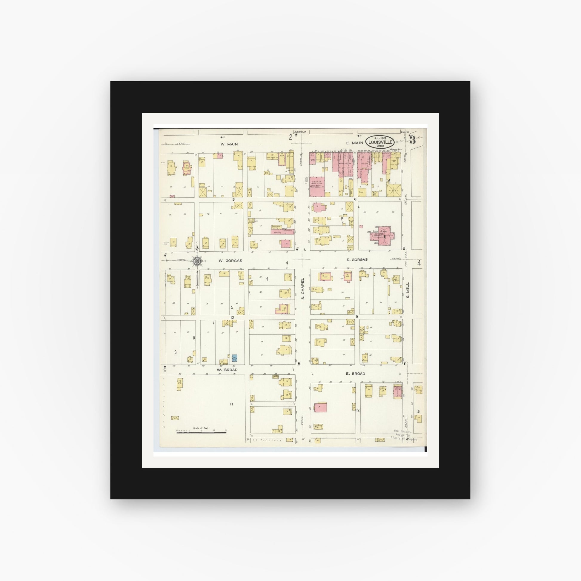 Old map wall art mockup — black gallery frame with white mat — Sanborn Fire Insurance Map from Louisville, Stark County, Ohio (1915), Sheet #0003