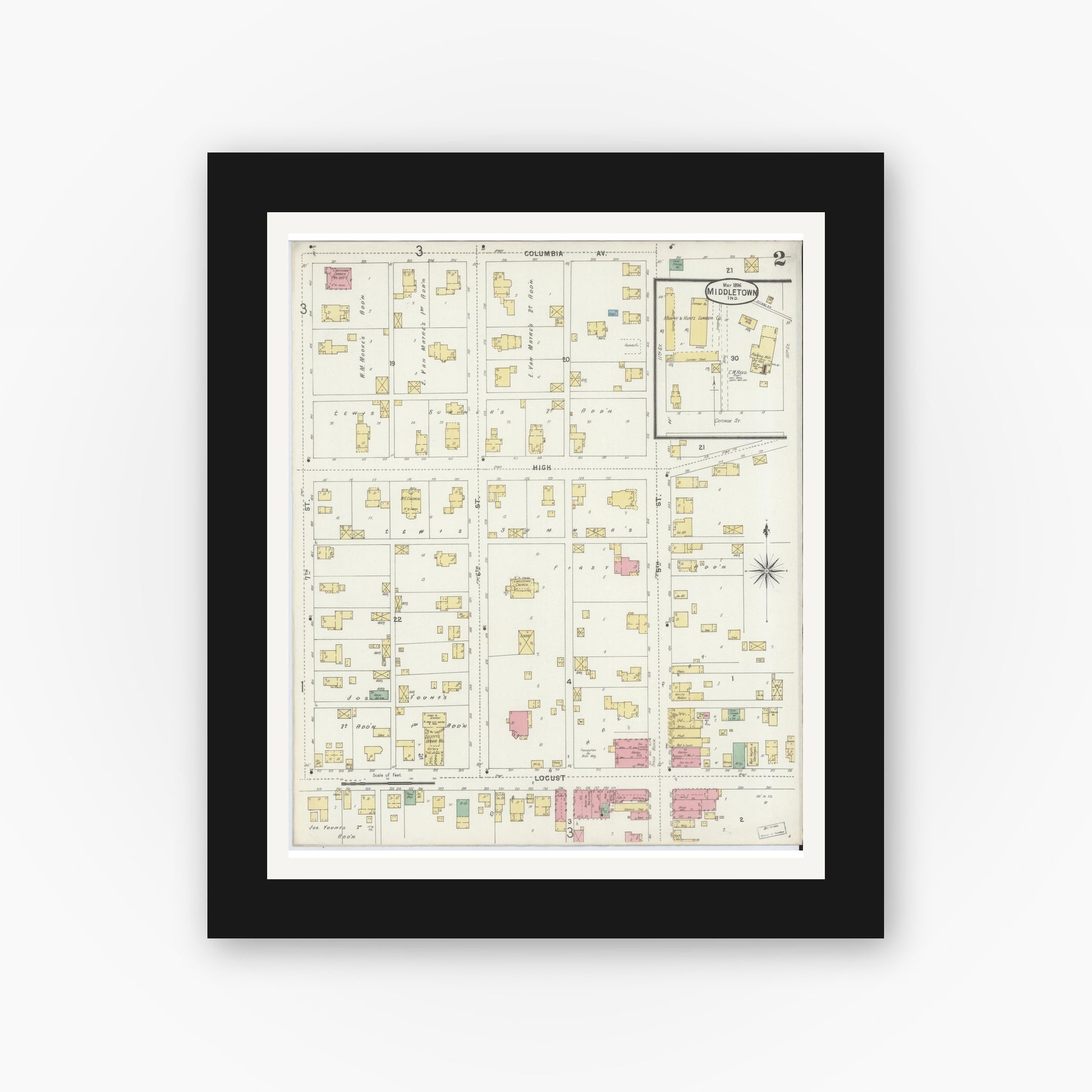 Old map wall art mockup — black gallery frame with white mat — Sanborn Fire Insurance Map from Middletown, Henry County, Indiana (1896), Sheet #0002