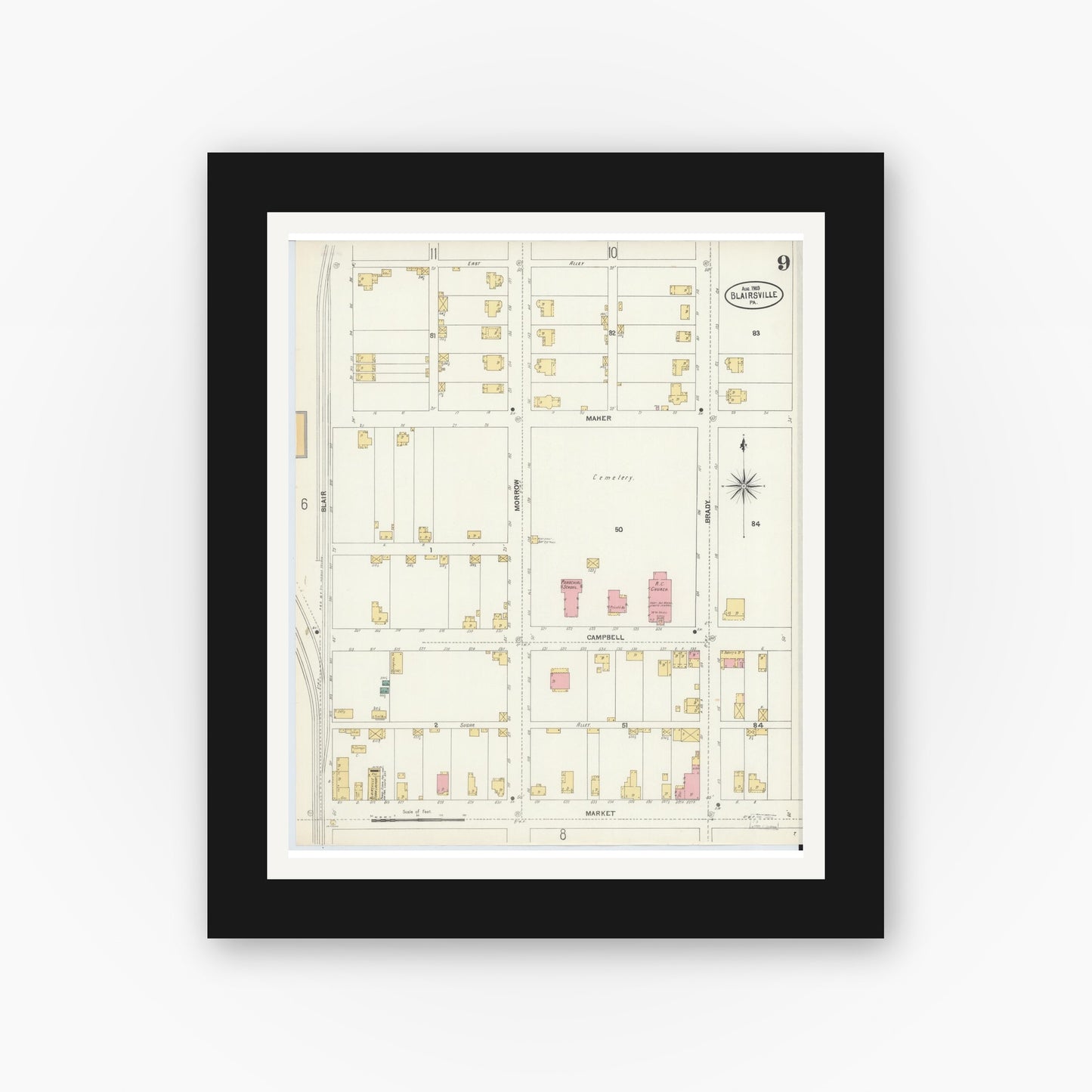 Old map wall art mockup — black gallery frame with white mat — Sanborn Fire Insurance Map from Blairsville, Indiana County, Pennsylvania (1903), Sheet #0009