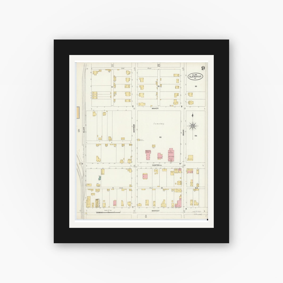 Old map wall art mockup — black gallery frame with white mat — Sanborn Fire Insurance Map from Blairsville, Indiana County, Pennsylvania (1903), Sheet #0009