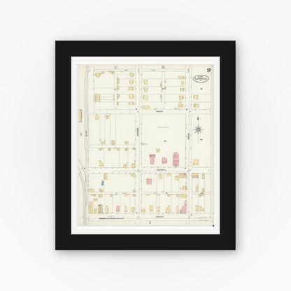 Old map wall art mockup — black gallery frame with white mat — Sanborn Fire Insurance Map from Blairsville, Indiana County, Pennsylvania (1903), Sheet #0009