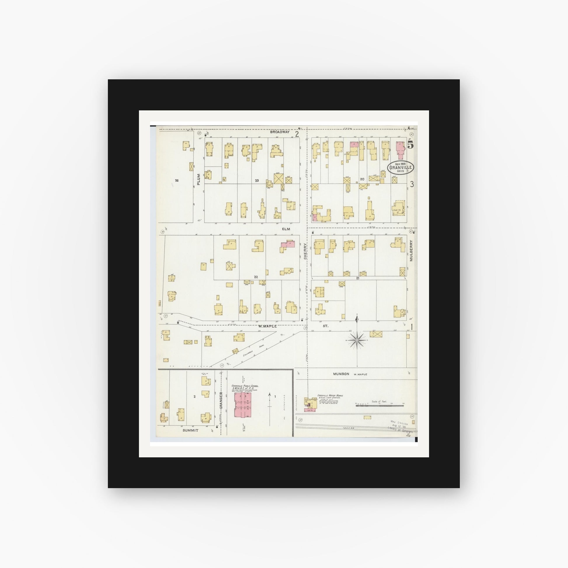 Old map wall art mockup — black gallery frame with white mat — Sanborn Fire Insurance Map from Granville, Licking County, Ohio (1905), Sheet #0005