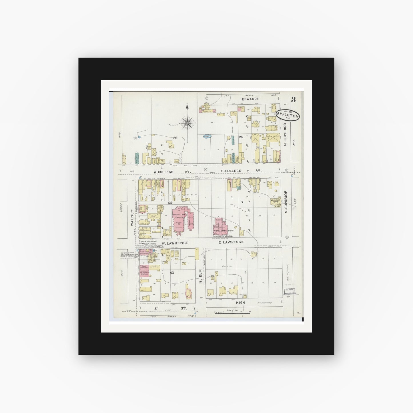 Old map wall art mockup — black gallery frame with white mat — Sanborn Fire Insurance Map from Appleton, Outagamie County, Wisconsin (1891), Sheet #0003