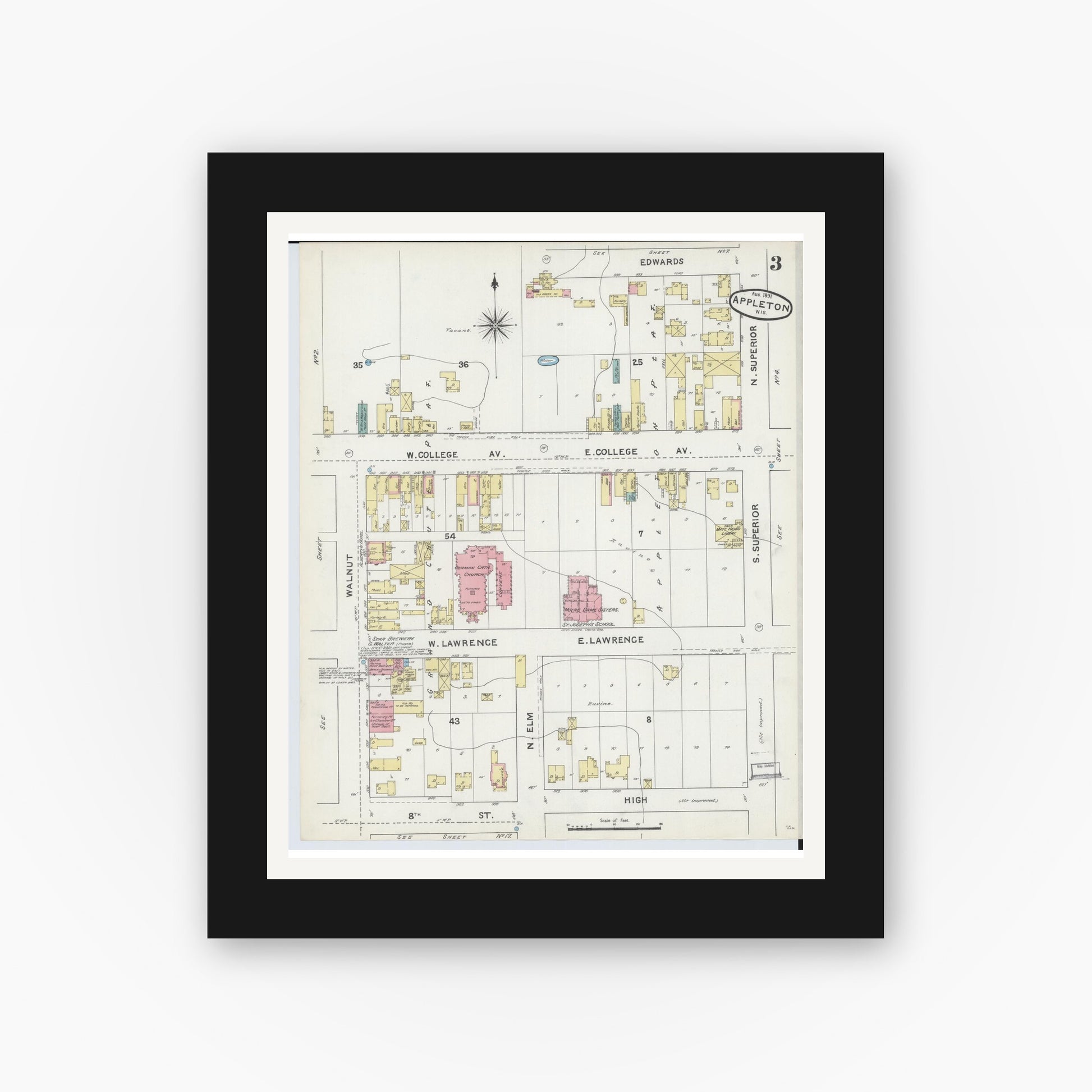 Old map wall art mockup — black gallery frame with white mat — Sanborn Fire Insurance Map from Appleton, Outagamie County, Wisconsin (1891), Sheet #0003