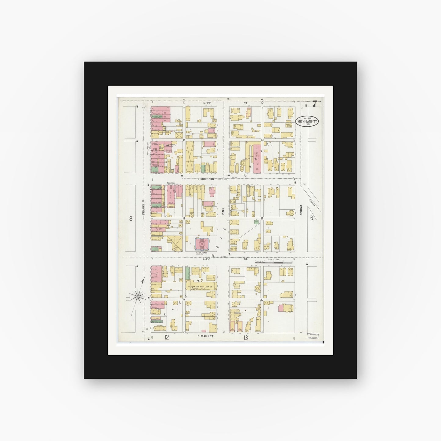 Old map wall art mockup — black gallery frame with white mat — Sanborn Fire Insurance Map from Michigan City, La Porte County, Indiana (1899), Sheet #0007