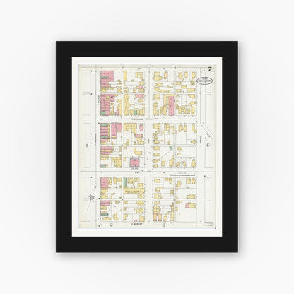 Old map wall art mockup — black gallery frame with white mat — Sanborn Fire Insurance Map from Michigan City, La Porte County, Indiana (1899), Sheet #0007