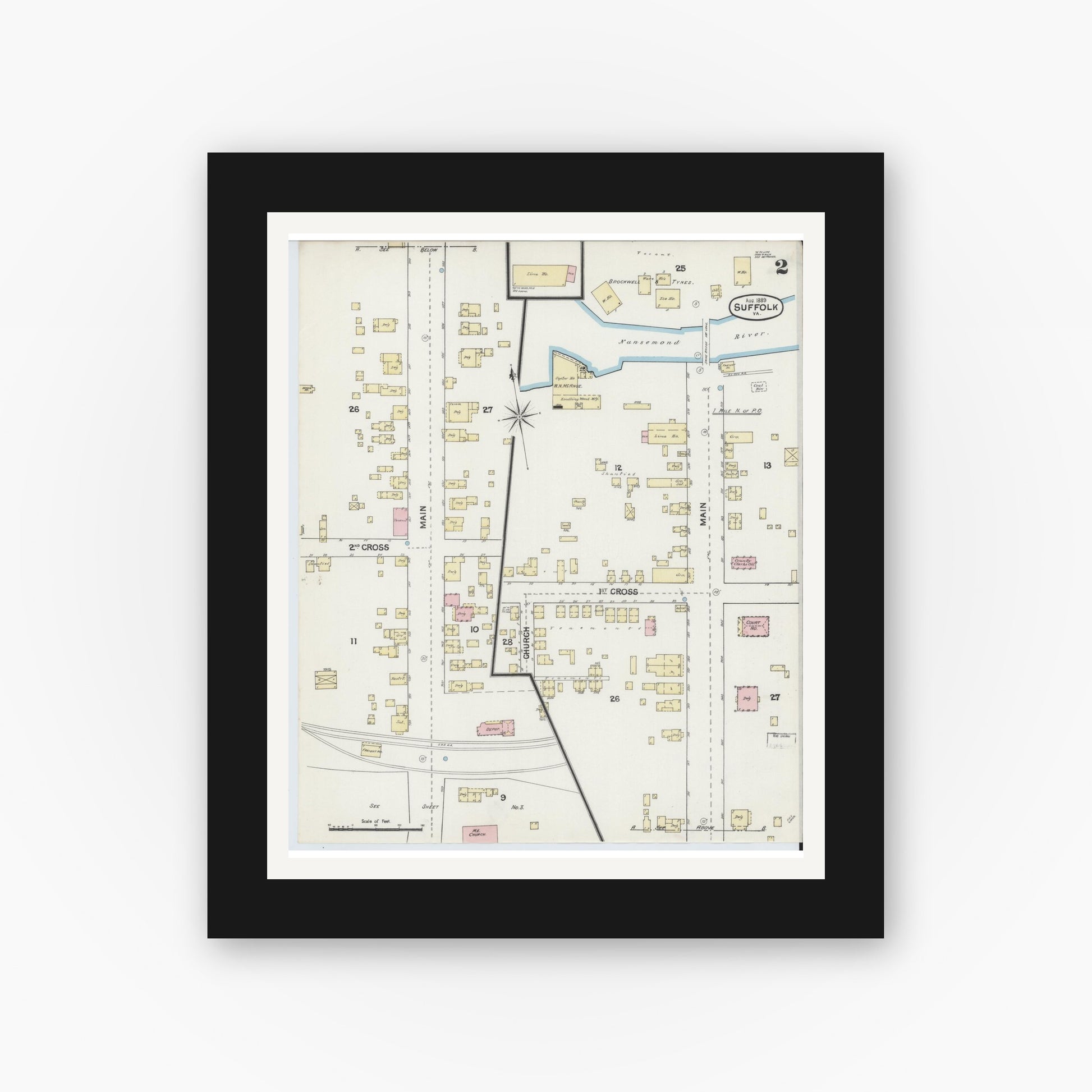 Old map wall art mockup — black gallery frame with white mat — Sanborn Fire Insurance Map from Suffolk, Independent Cities, Virginia (1889), Sheet #0002
