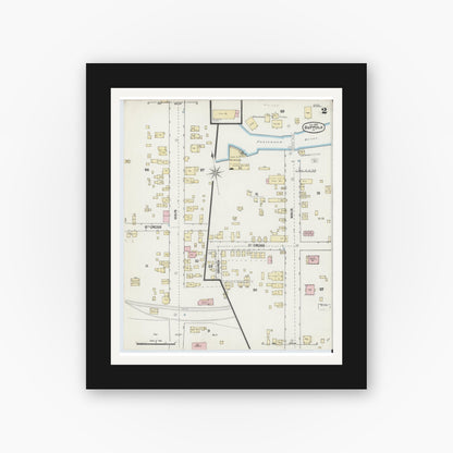 Old map wall art mockup — black gallery frame with white mat — Sanborn Fire Insurance Map from Suffolk, Independent Cities, Virginia (1889), Sheet #0002