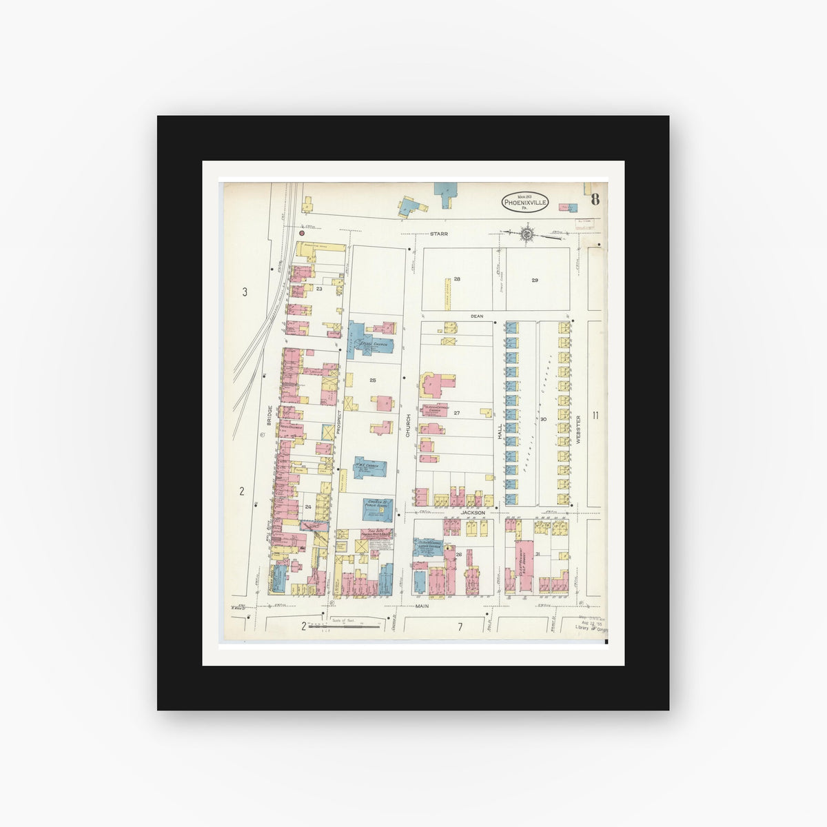 Old map wall art mockup — black gallery frame with white mat — Sanborn Fire Insurance Map from Phoenixville, Chester County, Pennsylvania (1913), Sheet #0008