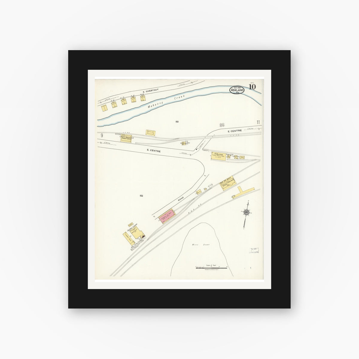 Old map wall art mockup — black gallery frame with white mat — Sanborn Fire Insurance Map from Ashland, Schuylkill County, Pennsylvania (1921), Sheet #0010