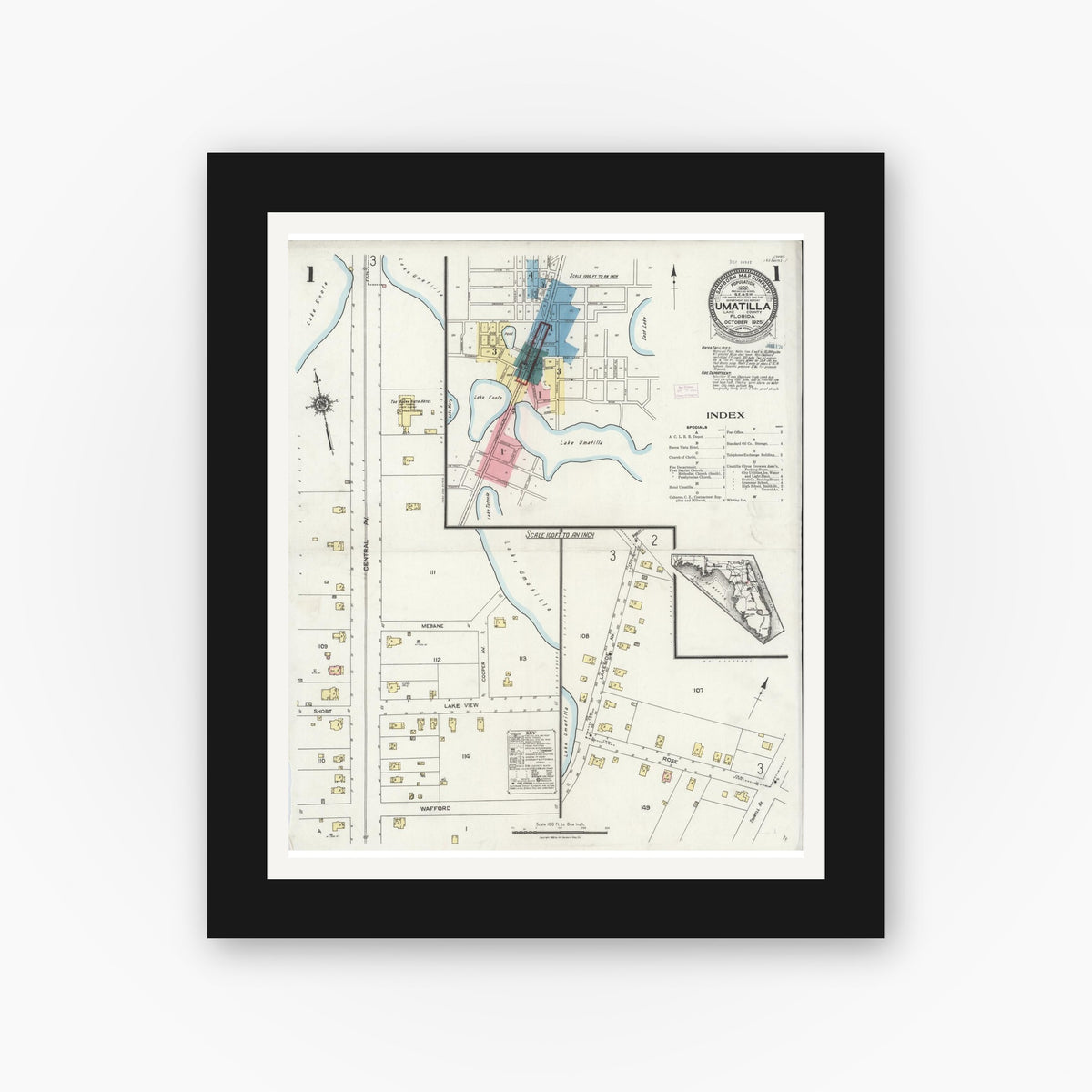 Old map wall art mockup — black gallery frame with white mat — Sanborn Fire Insurance Map from Umatilla, Lake County, Florida (1925), Sheet #0001
