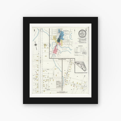 Old map wall art mockup — black gallery frame with white mat — Sanborn Fire Insurance Map from Umatilla, Lake County, Florida (1925), Sheet #0001