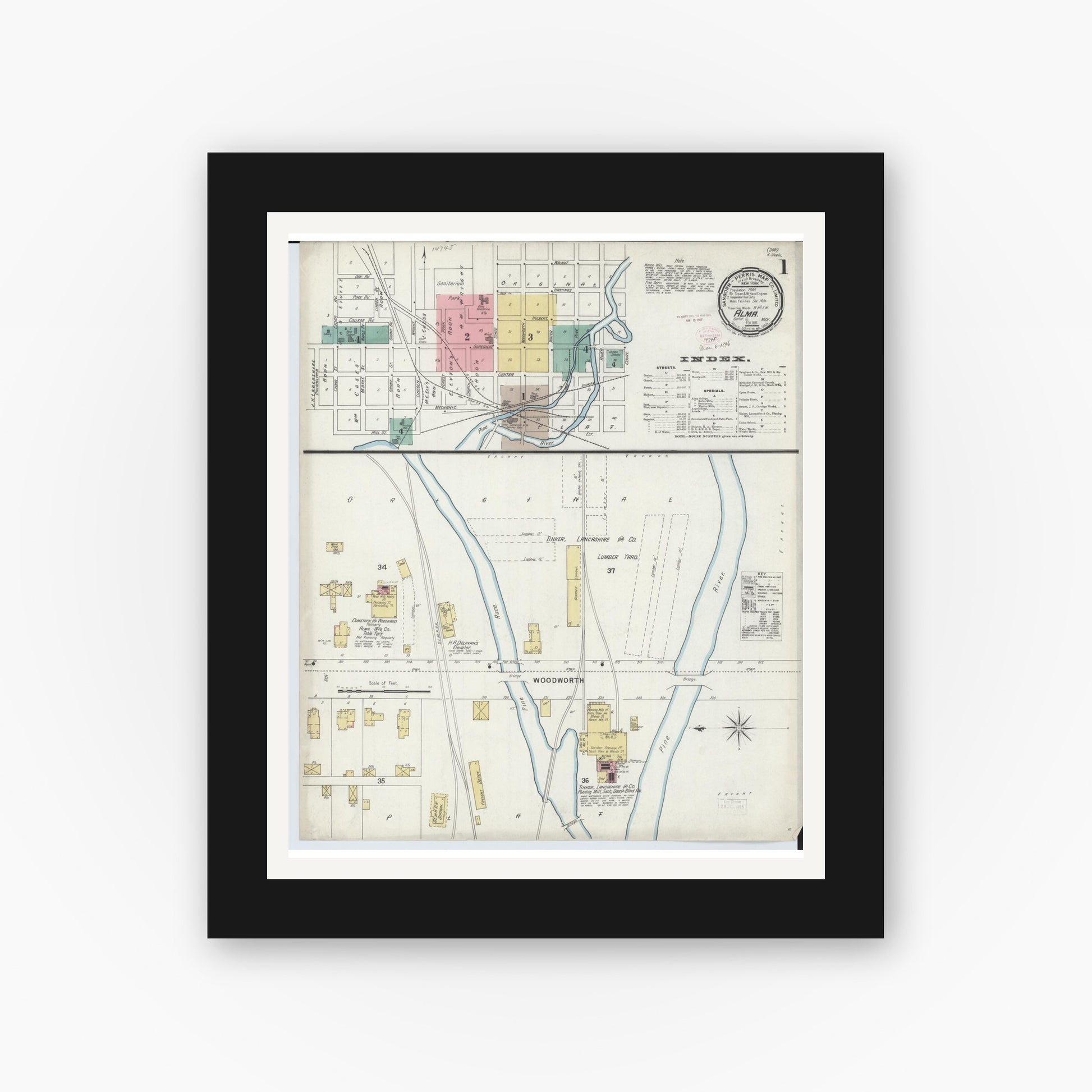 Old map wall art mockup — black gallery frame with white mat — Sanborn Fire Insurance Map from Alma, Gratiot County, Michigan (1896), Sheet #0001