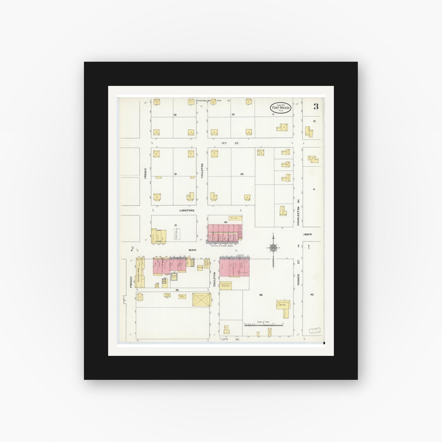 Old map wall art mockup — black gallery frame with white mat — Sanborn Fire Insurance Map from Fort Meade, Polk County, Florida (1911), Sheet #0003