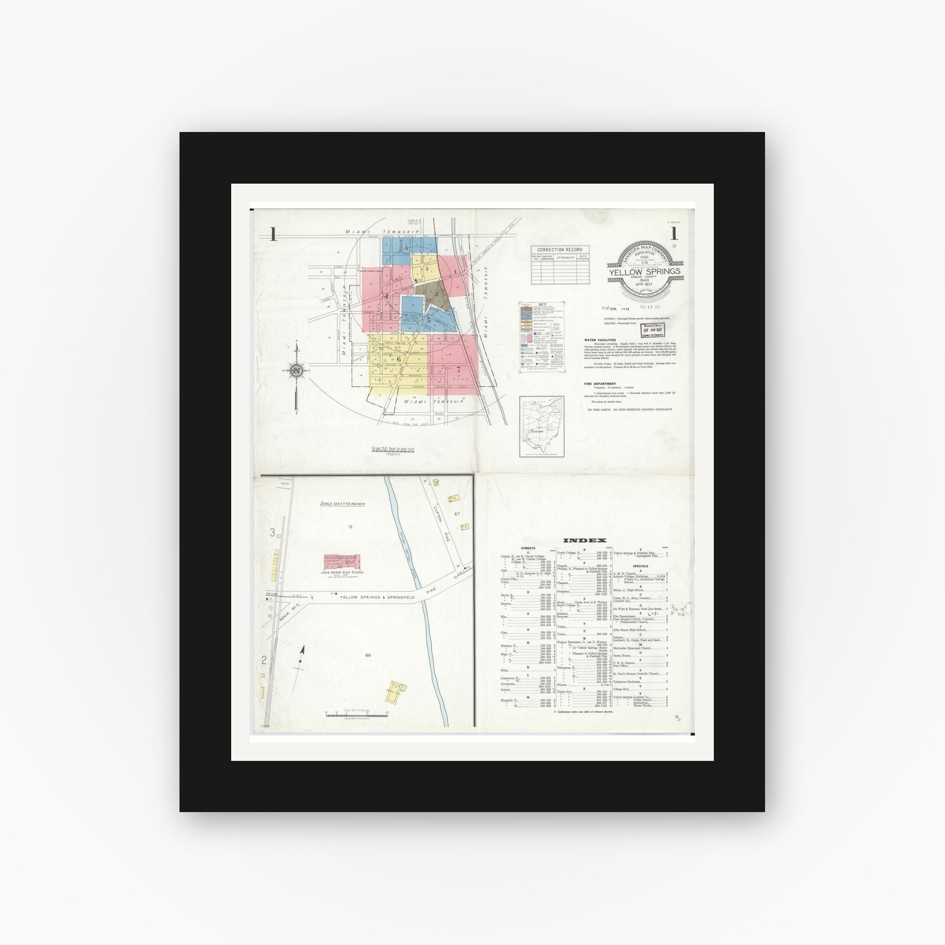 Old map wall art mockup — black gallery frame with white mat — Sanborn Fire Insurance Map from Yellow Springs, Greene County, Ohio (1937), Sheet #0001