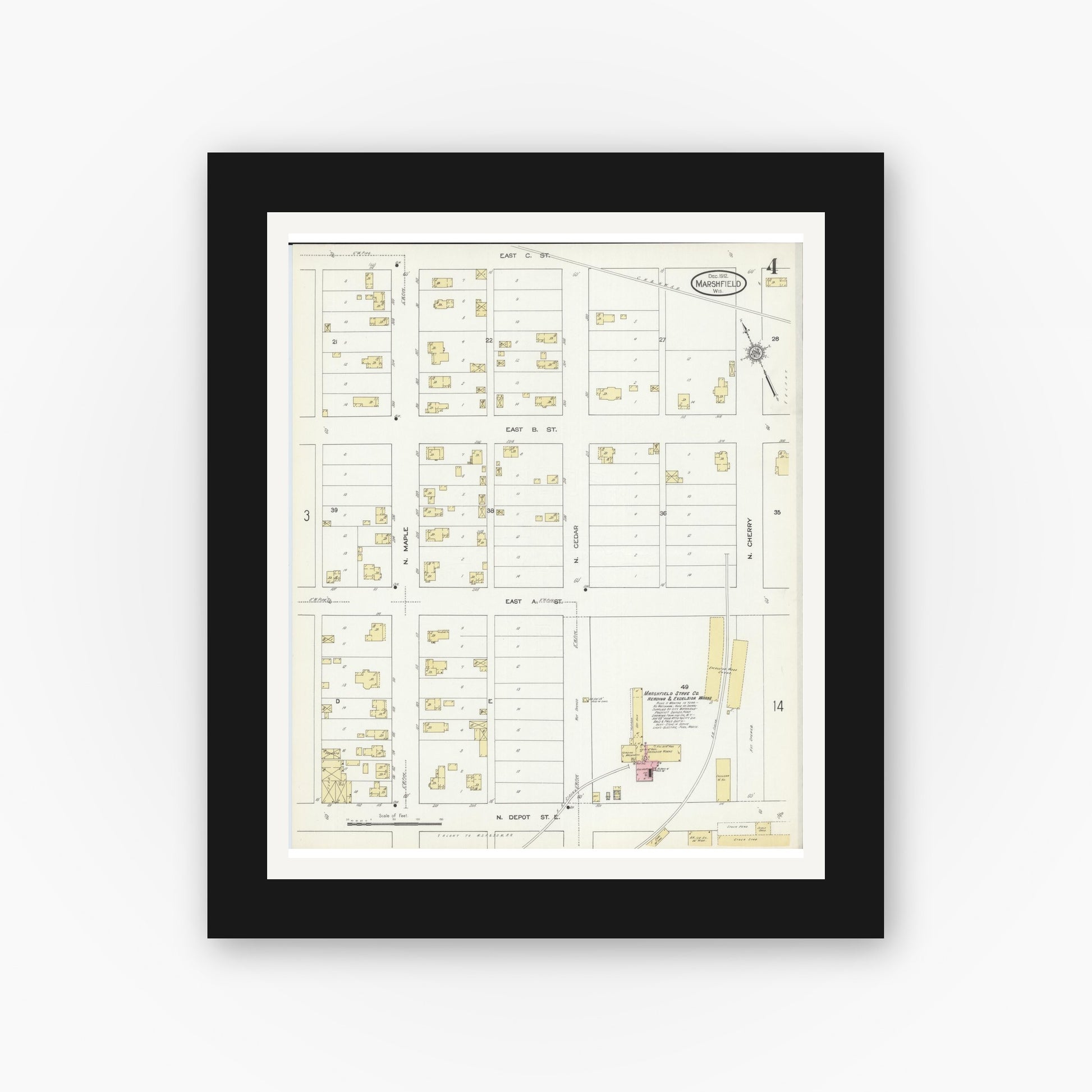 Old map wall art mockup — black gallery frame with white mat — Sanborn Fire Insurance Map from Marshfield, Wood County, Wisconsin (1912), Sheet #0004