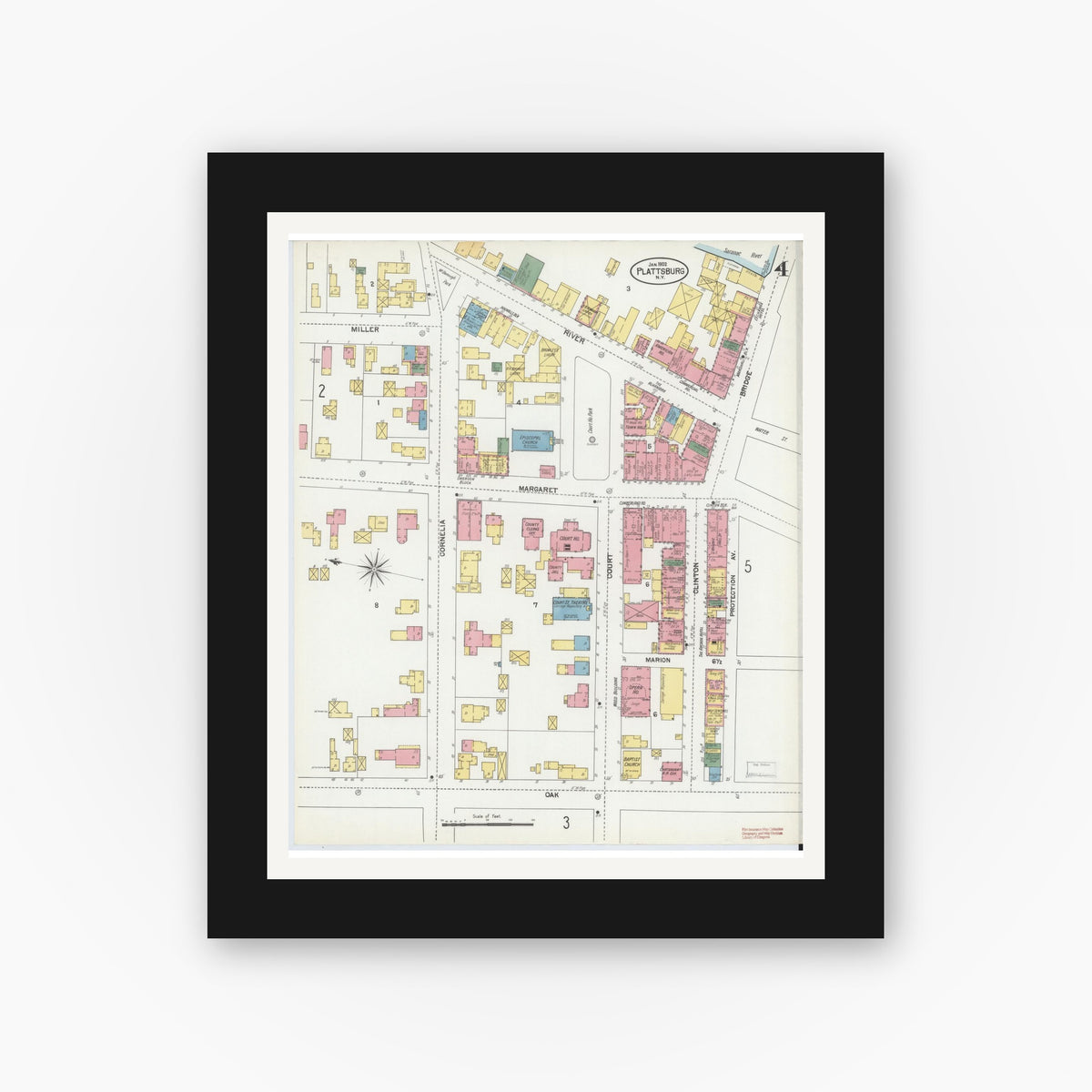 Old map wall art mockup — black gallery frame with white mat — Sanborn Fire Insurance Map from Plattsburg, Clinton County, New York (1902), Sheet #0004