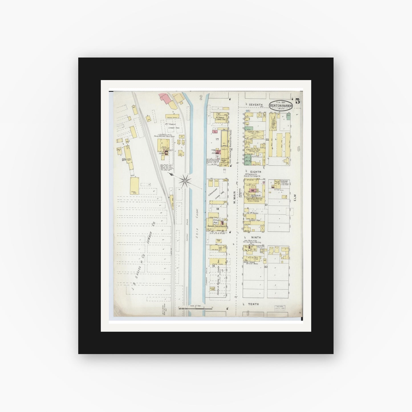 Old map wall art mockup — black gallery frame with white mat — Sanborn Fire Insurance Map from Benton Harbor, Berrien County, Michigan (1895), Sheet #0005