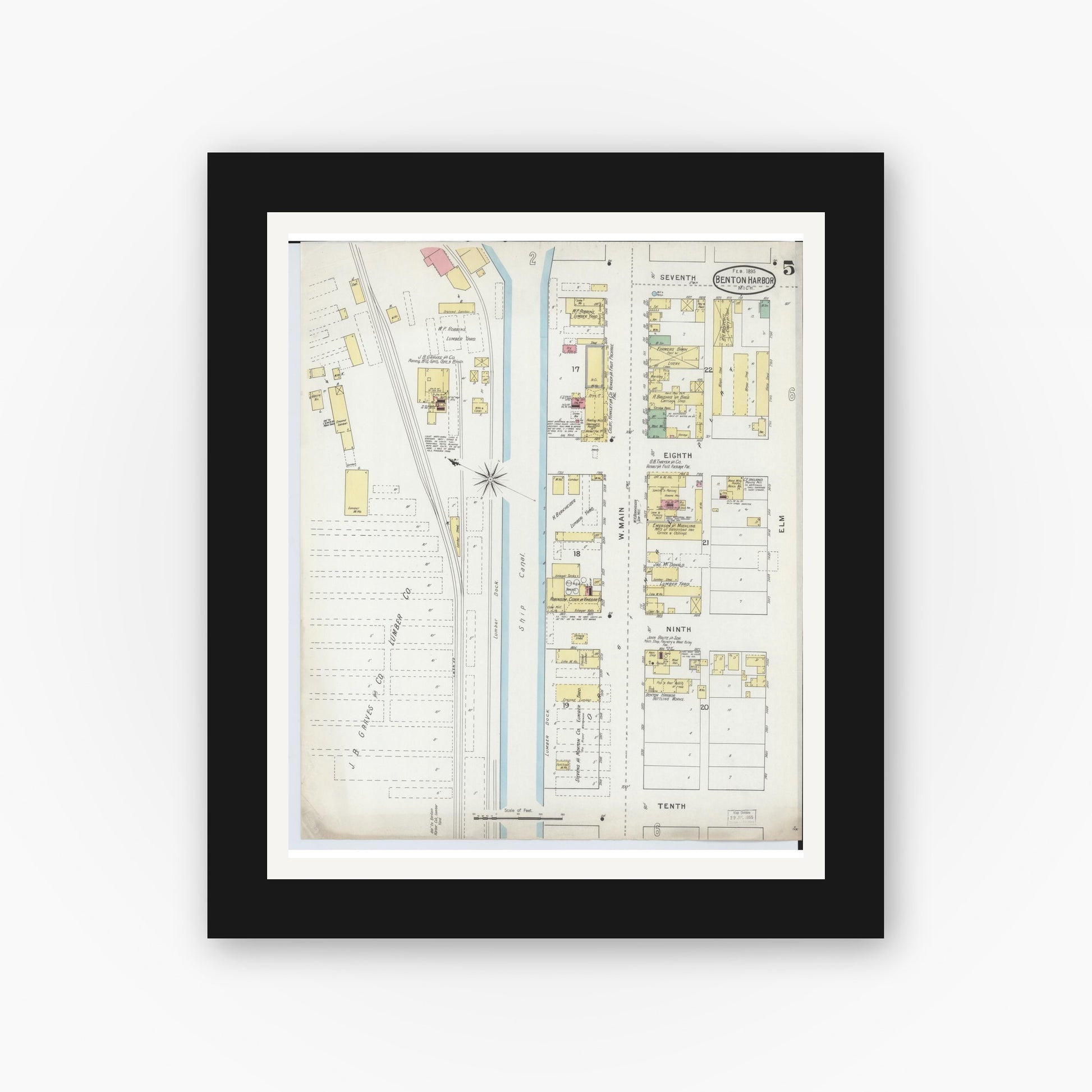 Old map wall art mockup — black gallery frame with white mat — Sanborn Fire Insurance Map from Benton Harbor, Berrien County, Michigan (1895), Sheet #0005