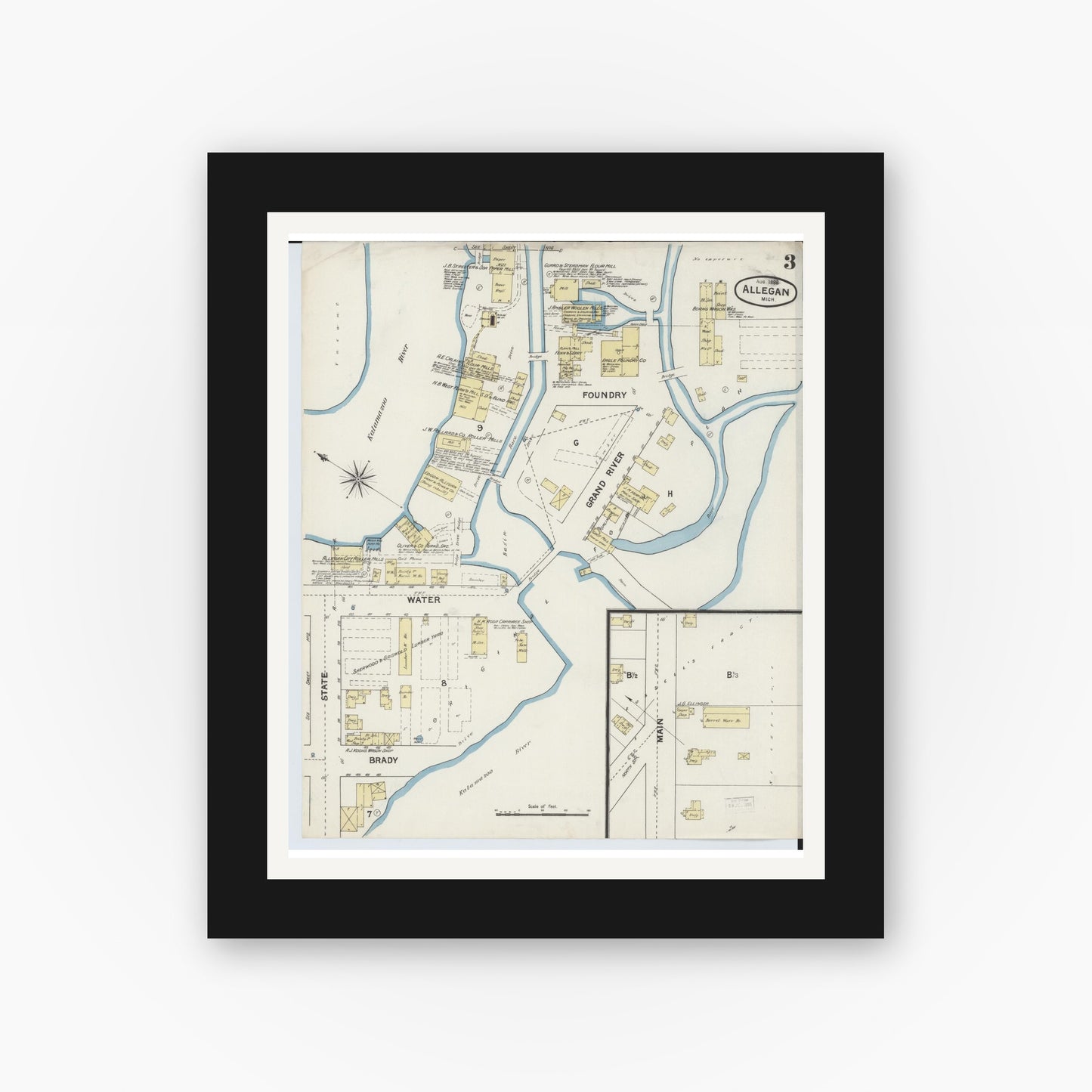 Old map wall art mockup — black gallery frame with white mat — Sanborn Fire Insurance Map from Allegan, Allegan County, Michigan (1888), Sheet #0003