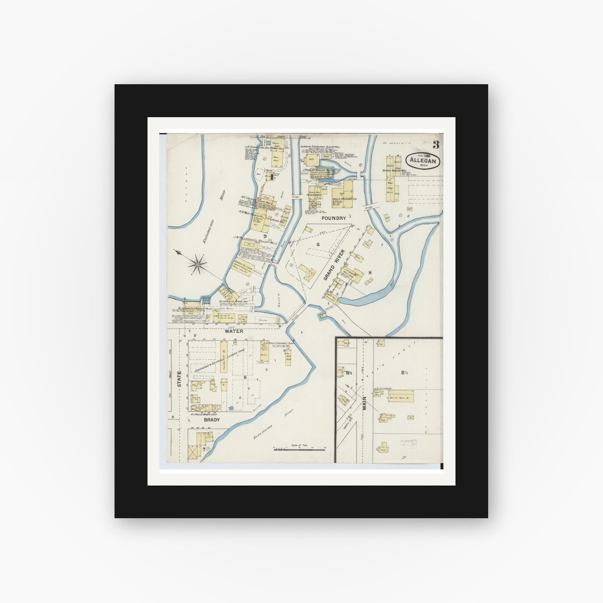 Old map wall art mockup — black gallery frame with white mat — Sanborn Fire Insurance Map from Allegan, Allegan County, Michigan (1888), Sheet #0003