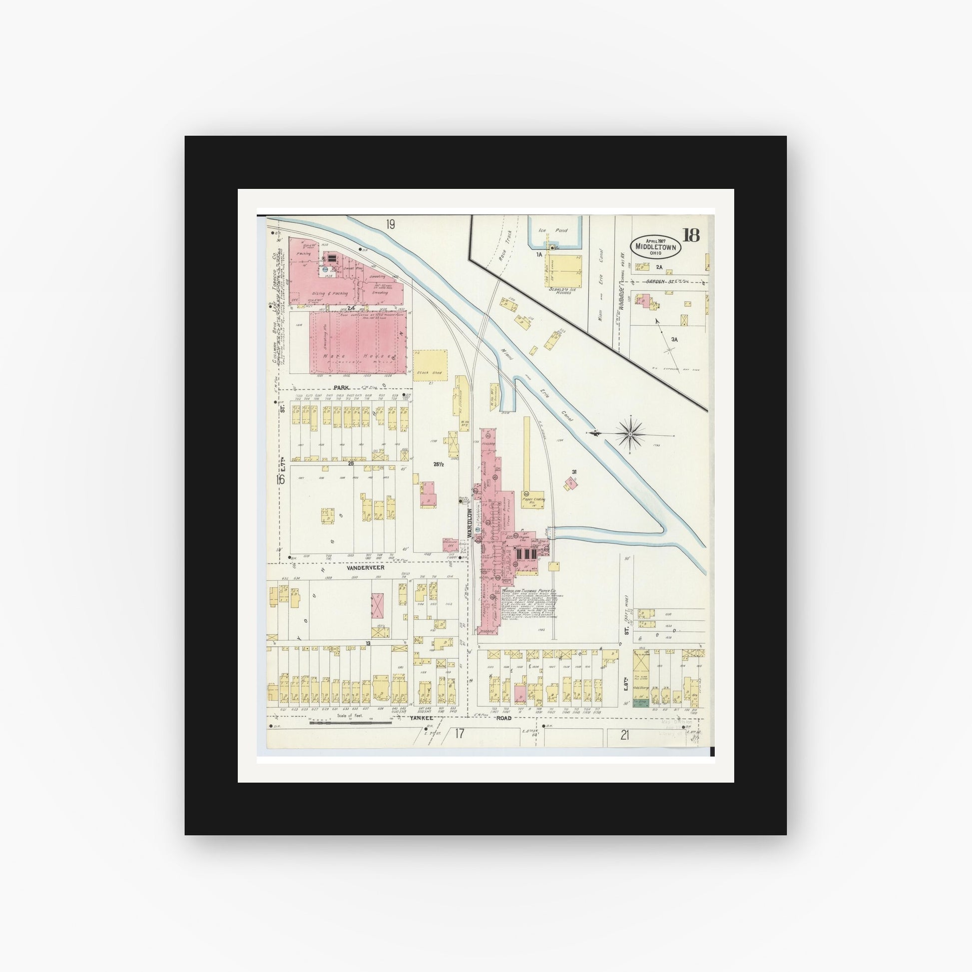 Old map wall art mockup — black gallery frame with white mat — Sanborn Fire Insurance Map from Middletown, Butler County, Ohio (1907), Sheet #0018