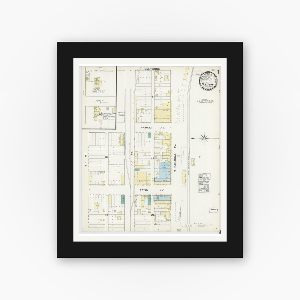 Old map wall art mockup — black gallery frame with white mat — Sanborn Fire Insurance Map from Flatonia, Fayette County, Texas (1891) - Complete Map Set