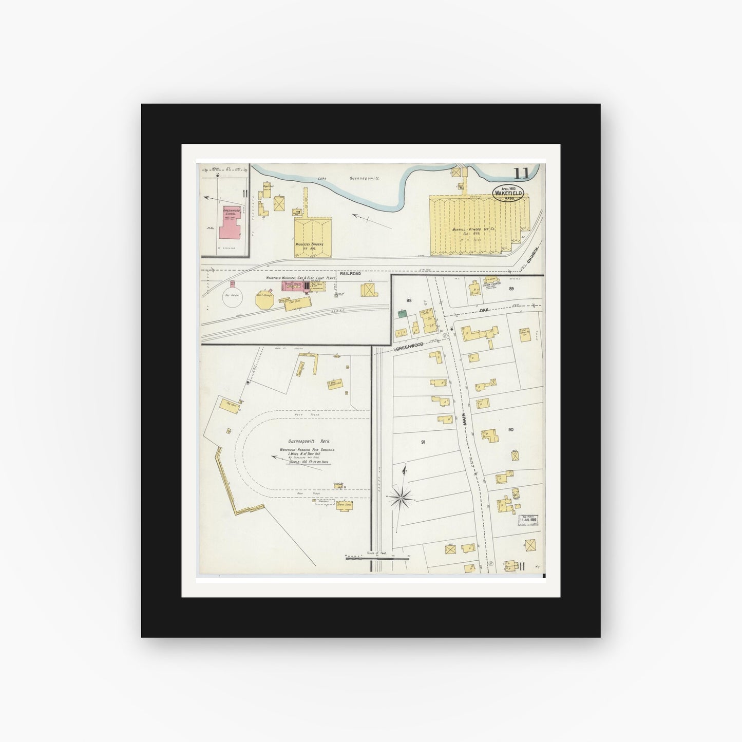 Old map wall art mockup — black gallery frame with white mat — Sanborn Fire Insurance Map from Wakefield, Middlesex County, Massachusetts (1903), Sheet #0011