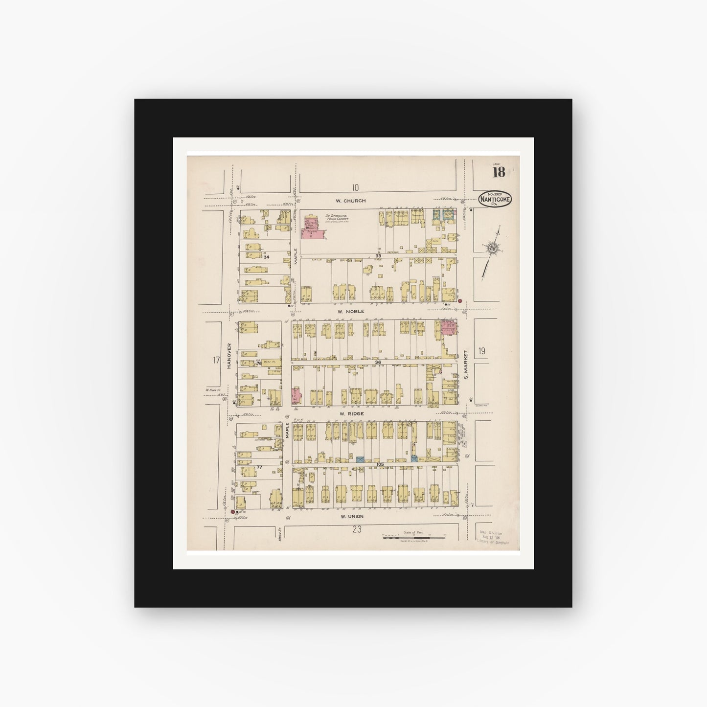 Old map wall art mockup — black gallery frame with white mat — Sanborn Fire Insurance Map from Nanticoke, Luzerne County, Pennsylvania (1920), Sheet #0018