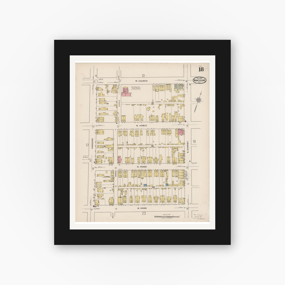 Old map wall art mockup — black gallery frame with white mat — Sanborn Fire Insurance Map from Nanticoke, Luzerne County, Pennsylvania (1920), Sheet #0018