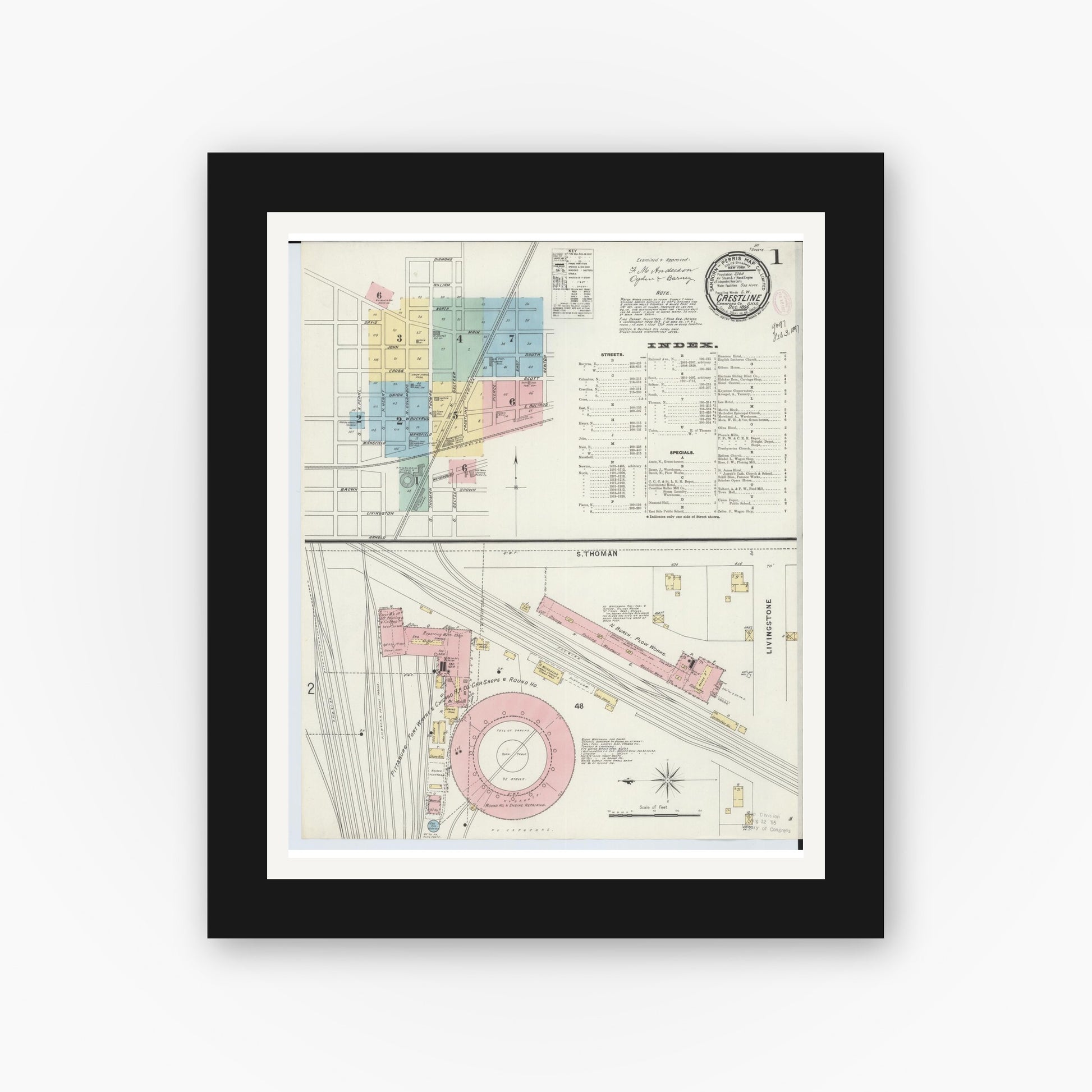 Old map wall art mockup — black gallery frame with white mat — Sanborn Fire Insurance Map from Crestline, Crawford County, Ohio (1896), Sheet #0001