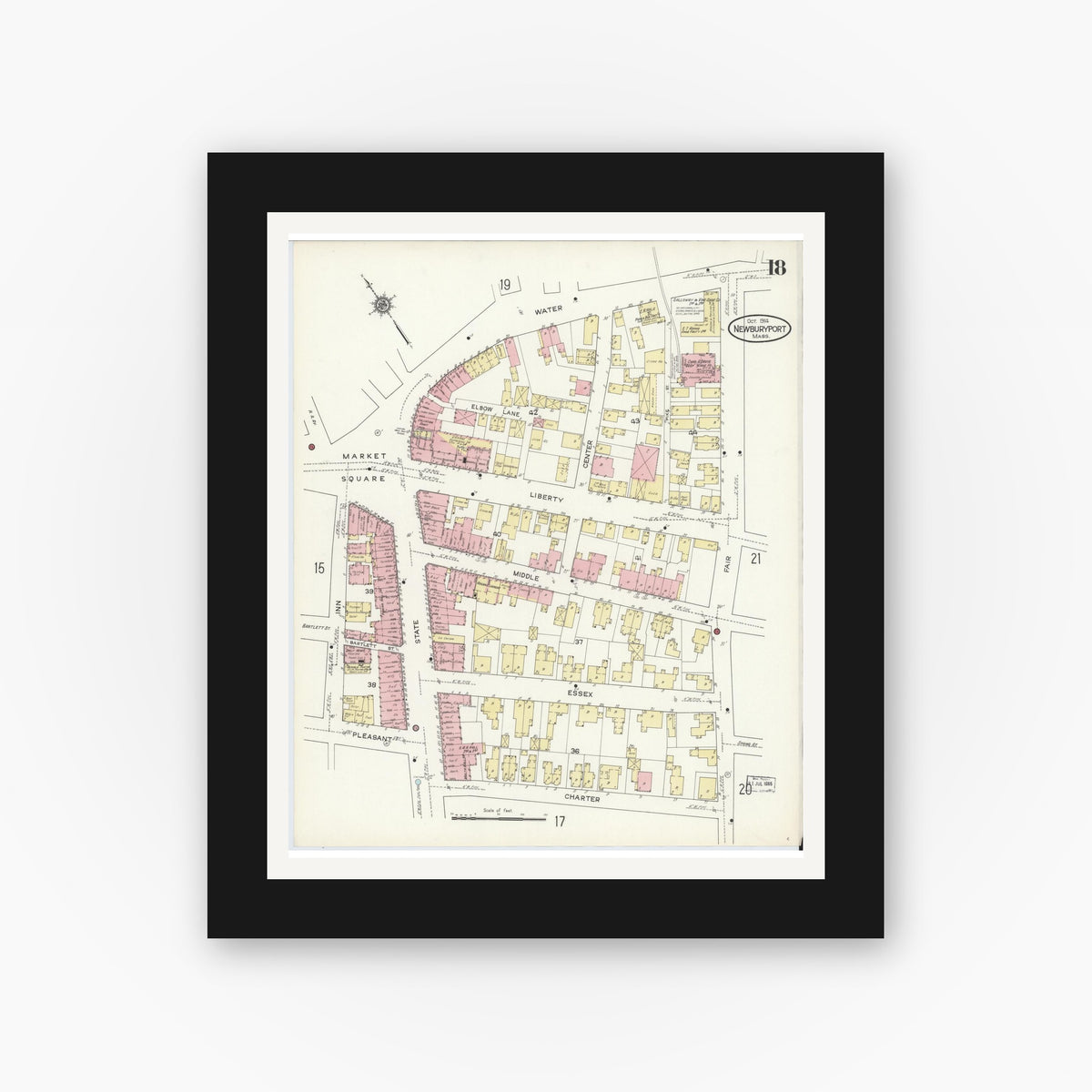 Old map wall art mockup — black gallery frame with white mat — Sanborn Fire Insurance Map from Newburyport, Essex County, Massachusetts (1914), Sheet #0018