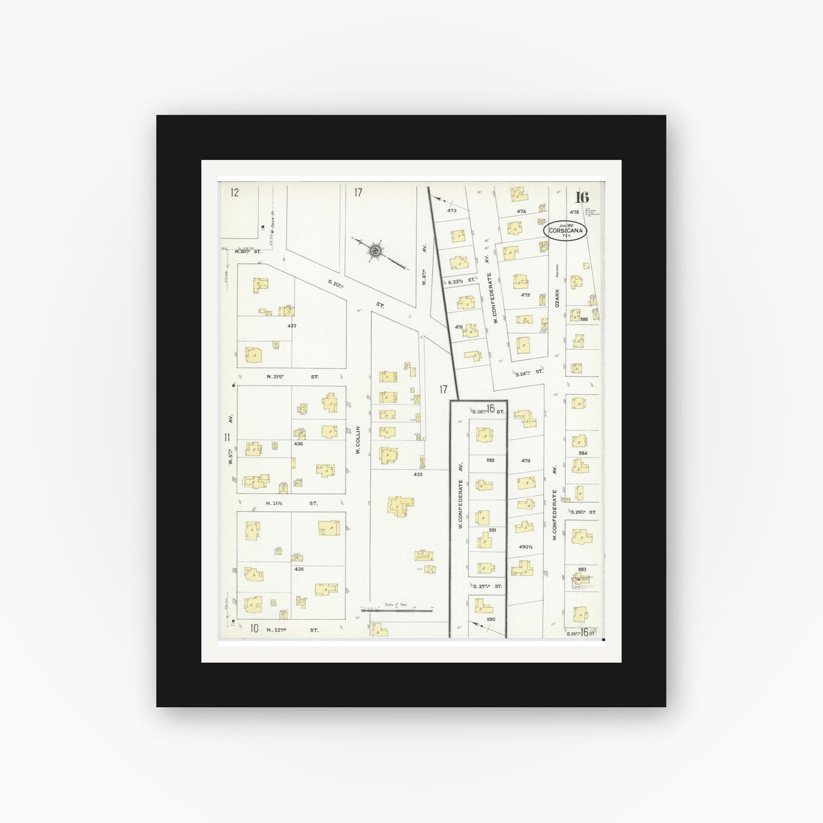 Old map wall art mockup — black gallery frame with white mat — Sanborn Map from Corsicana, Navarro County, Texas (1910), Sheet #0016