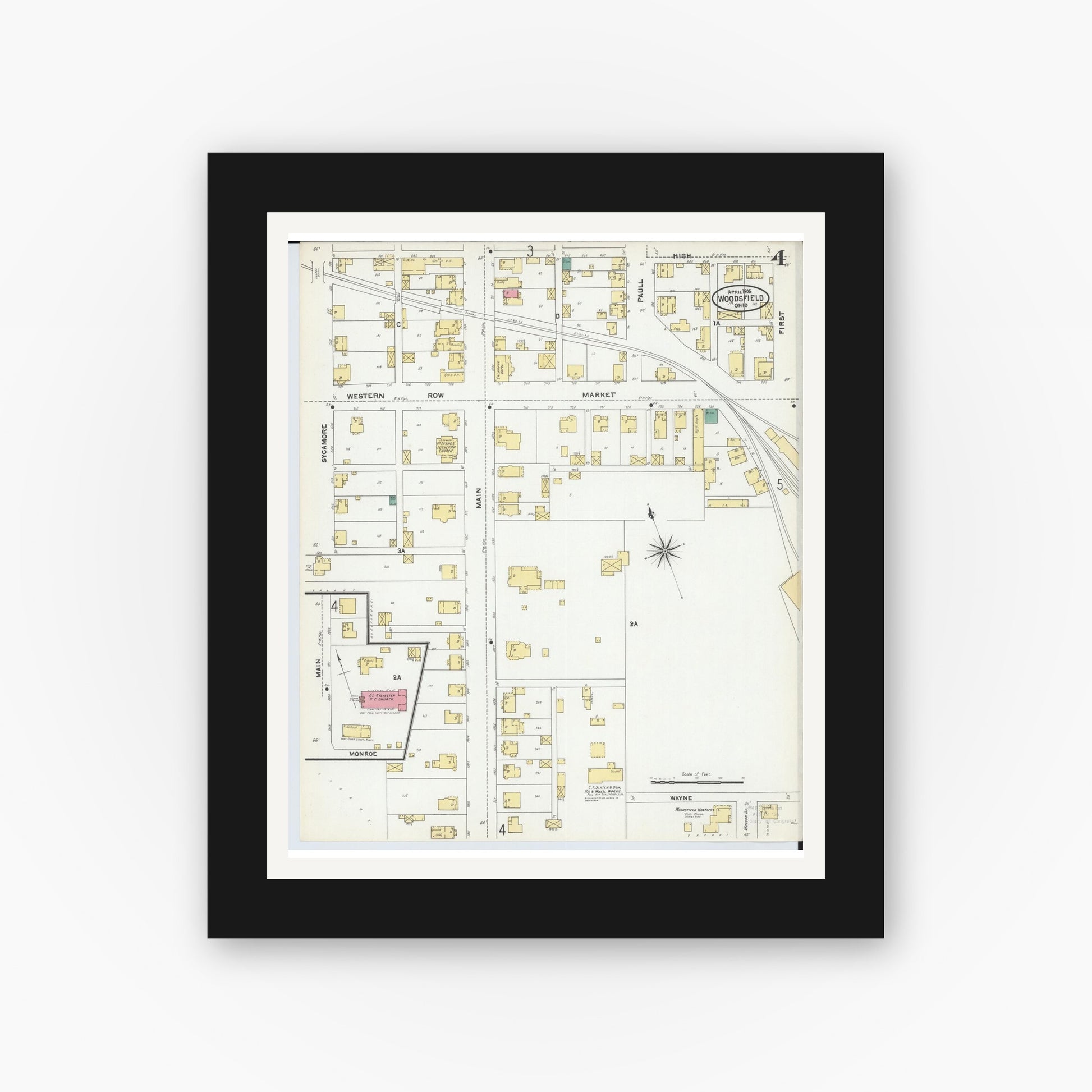 Old map wall art mockup — black gallery frame with white mat — Sanborn Fire Insurance Map from Woodsfield, Monroe County, Ohio (1905), Sheet #0004