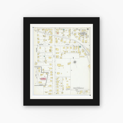 Old map wall art mockup — black gallery frame with white mat — Sanborn Fire Insurance Map from Woodsfield, Monroe County, Ohio (1905), Sheet #0004