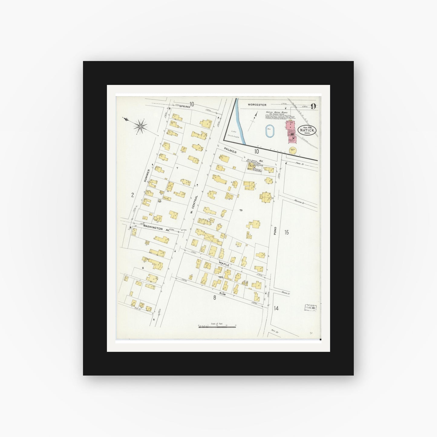 Old map wall art mockup — black gallery frame with white mat — Sanborn Fire Insurance Map from Natick, Middlesex County, Massachusetts (1909), Sheet #0009
