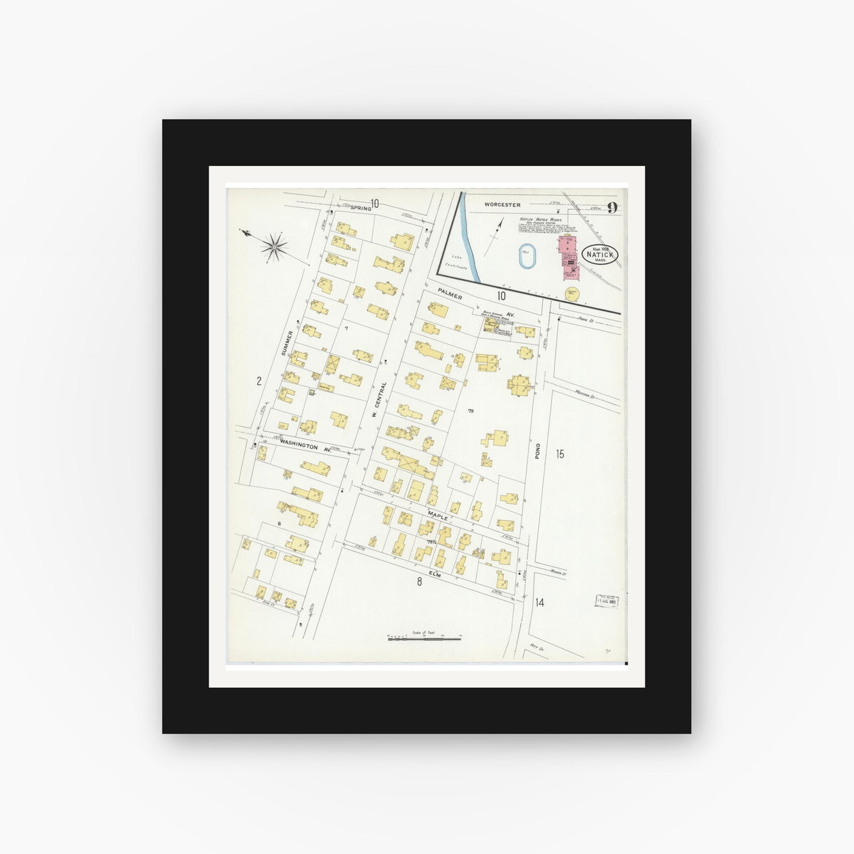 Old map wall art mockup — black gallery frame with white mat — Sanborn Fire Insurance Map from Natick, Middlesex County, Massachusetts (1909), Sheet #0009