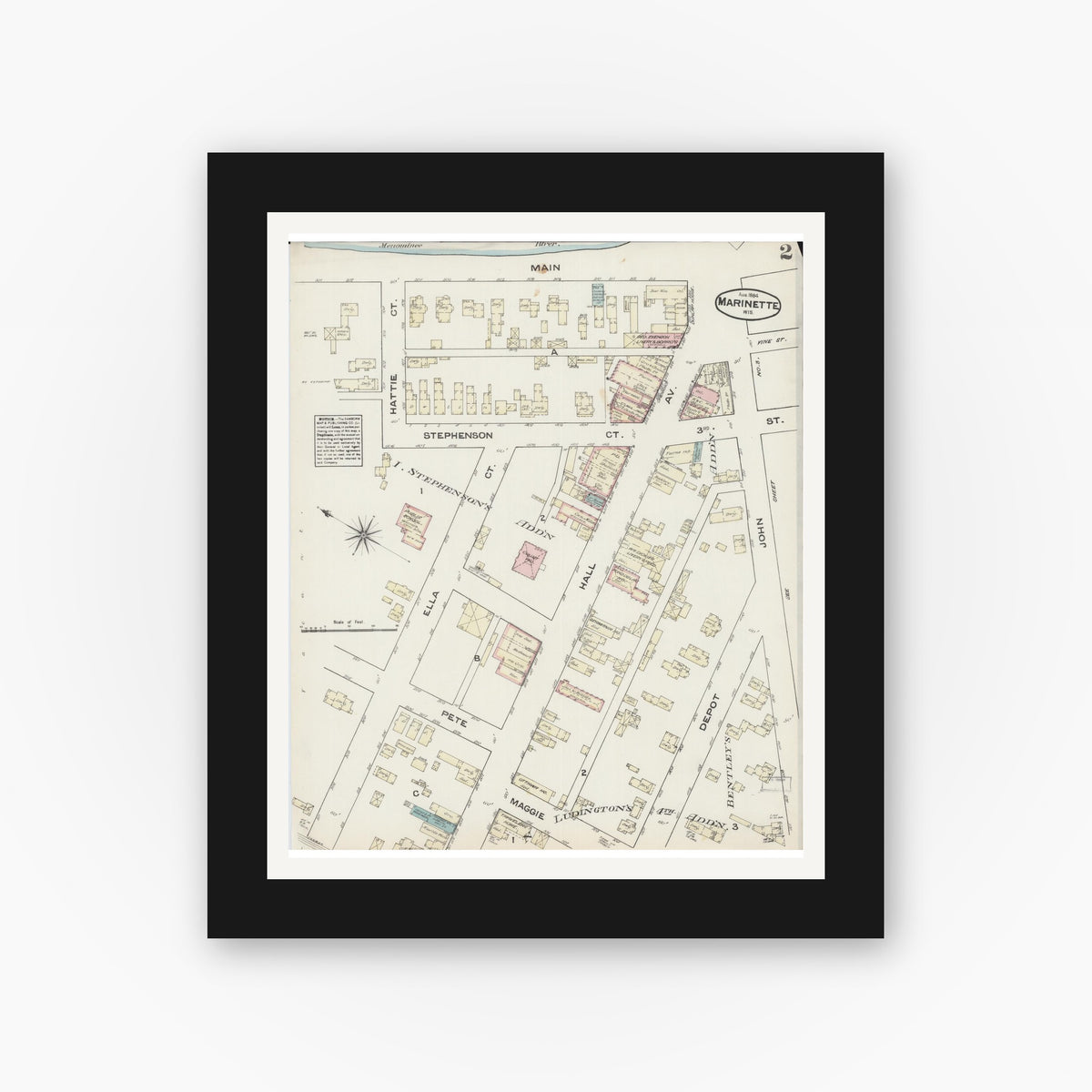 Old map wall art mockup — black gallery frame with white mat — Sanborn Fire Insurance Map from Marinette, Marinette County, Wisconsin (1884), Sheet #0002