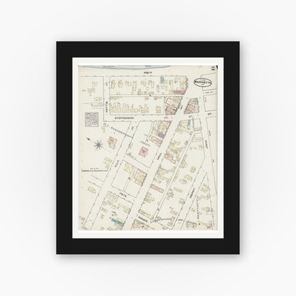 Old map wall art mockup — black gallery frame with white mat — Sanborn Fire Insurance Map from Marinette, Marinette County, Wisconsin (1884), Sheet #0002