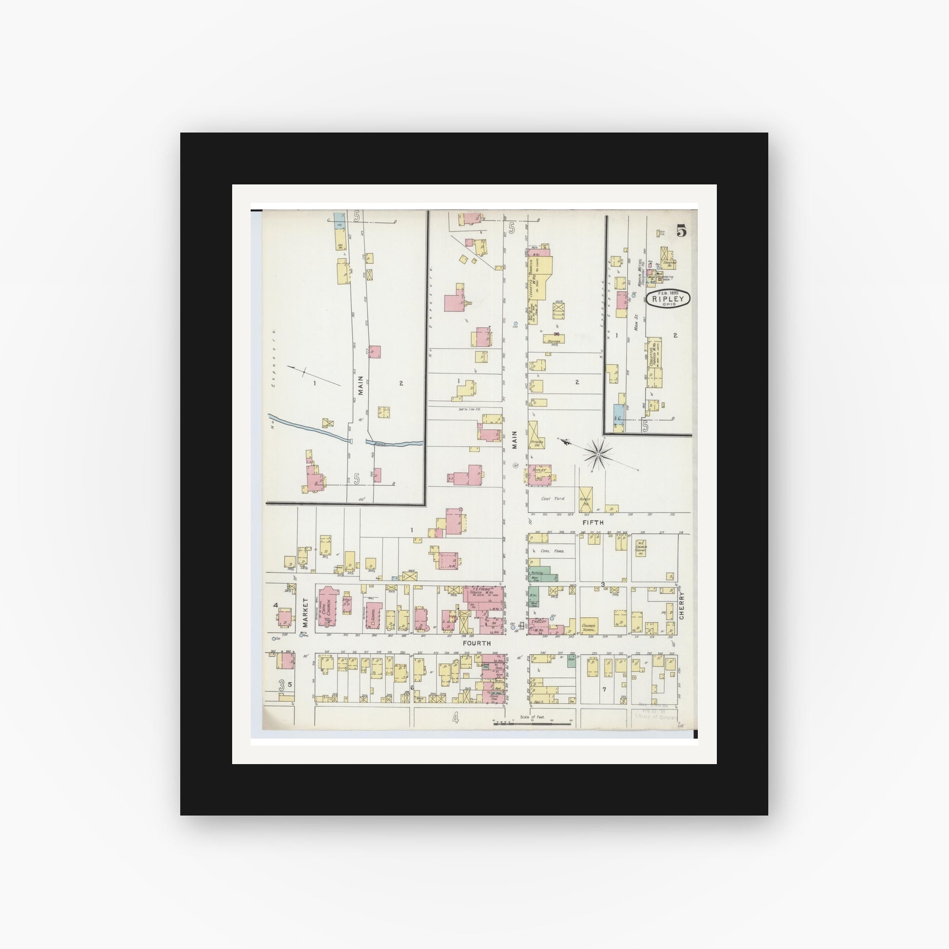 Old map wall art mockup — black gallery frame with white mat — Sanborn Fire Insurance Map from Ripley, Brown County, Ohio (1895), Sheet #0005