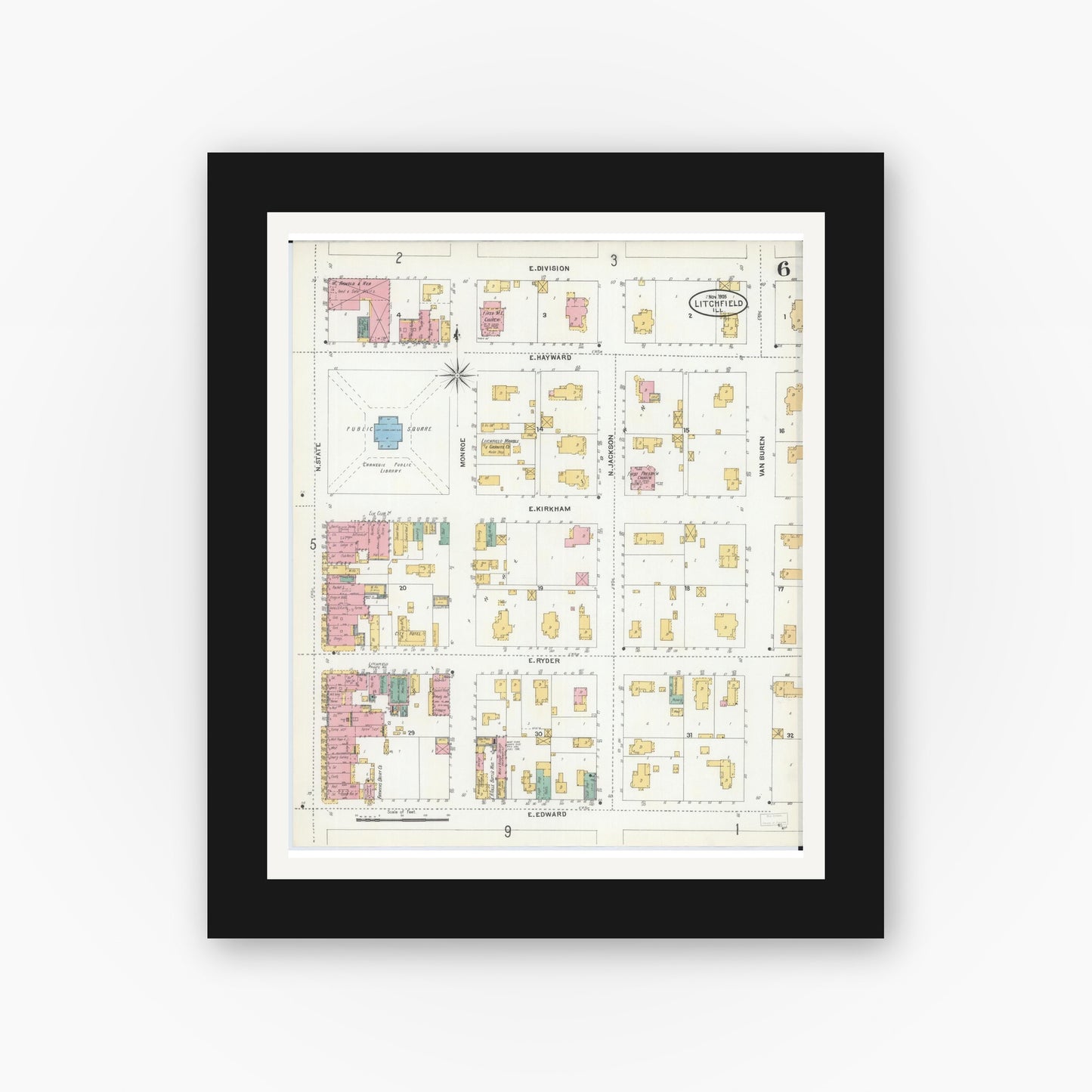 Old map wall art mockup — black gallery frame with white mat — Sanborn Fire Insurance Map from Litchfield, Montgomery County, Illinois (1905), Sheet #0006