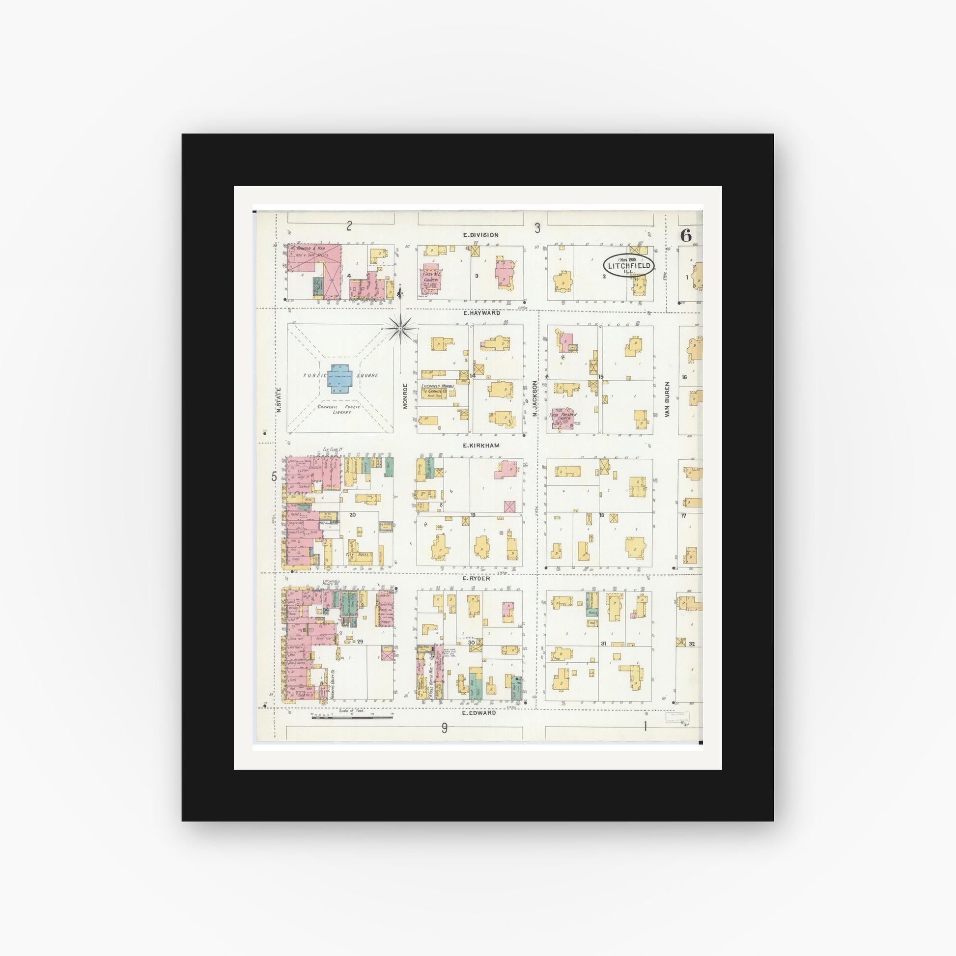 Old map wall art mockup — black gallery frame with white mat — Sanborn Fire Insurance Map from Litchfield, Montgomery County, Illinois (1905), Sheet #0006
