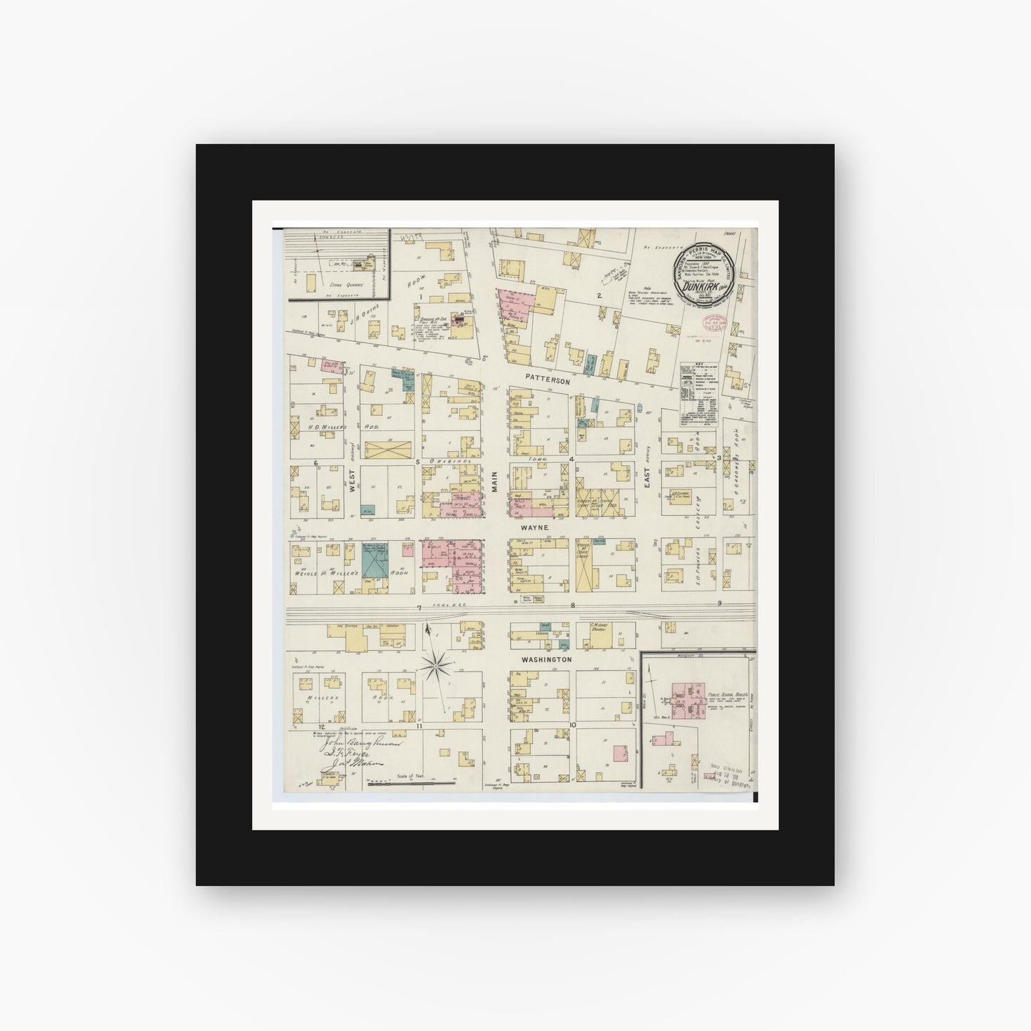 Old map wall art mockup — black gallery frame with white mat — Sanborn Fire Insurance Map from Dunkirk, Hardin County, Ohio (1895), Sheet #0001