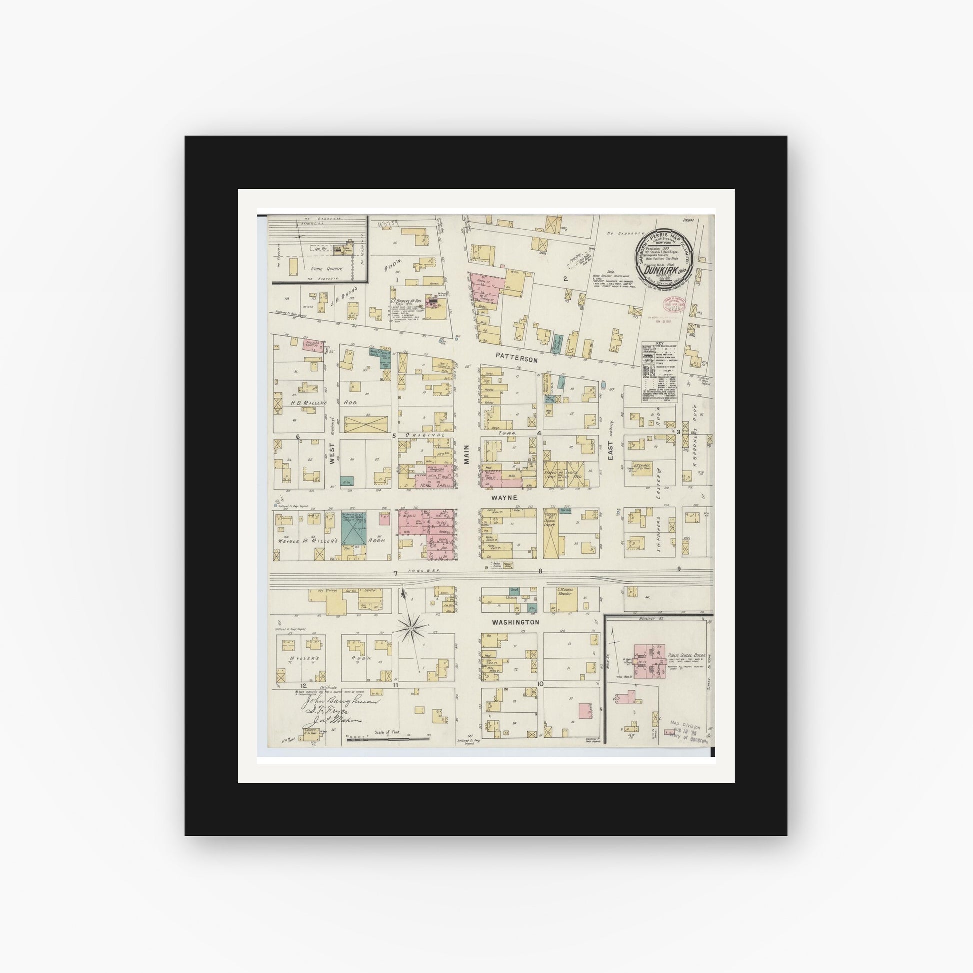 Old map wall art mockup — black gallery frame with white mat — Sanborn Fire Insurance Map from Dunkirk, Hardin County, Ohio (1895), Sheet #0001