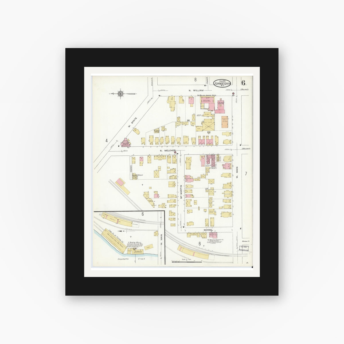 Old map wall art mockup — black gallery frame with white mat — Sanborn Fire Insurance Map from Johnstown, Fulton County, New York (1912), Sheet #0006