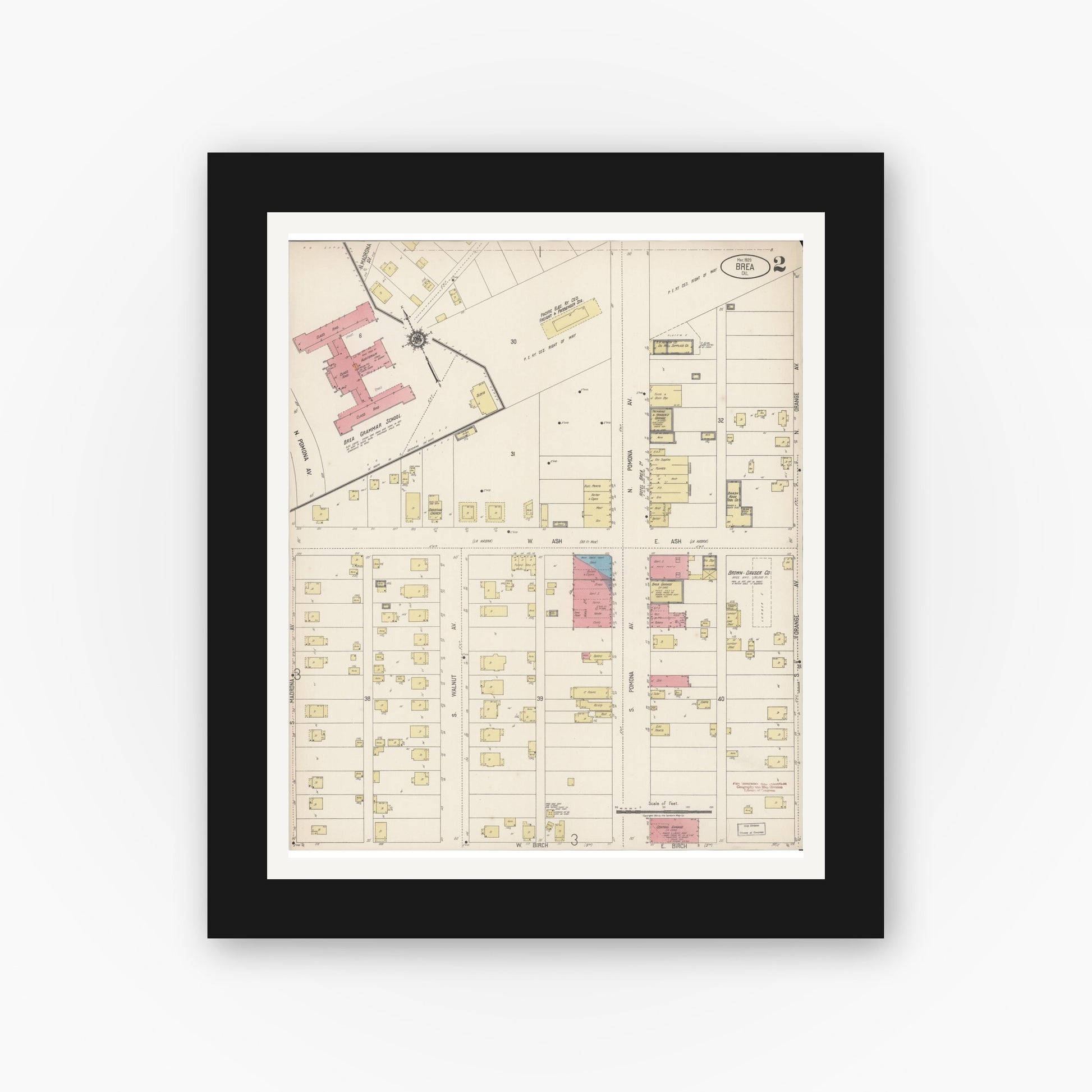 Old map wall art mockup — black gallery frame with white mat — Sanborn Fire Insurance Map from Brea, Orange County, California (1920), Sheet #0002