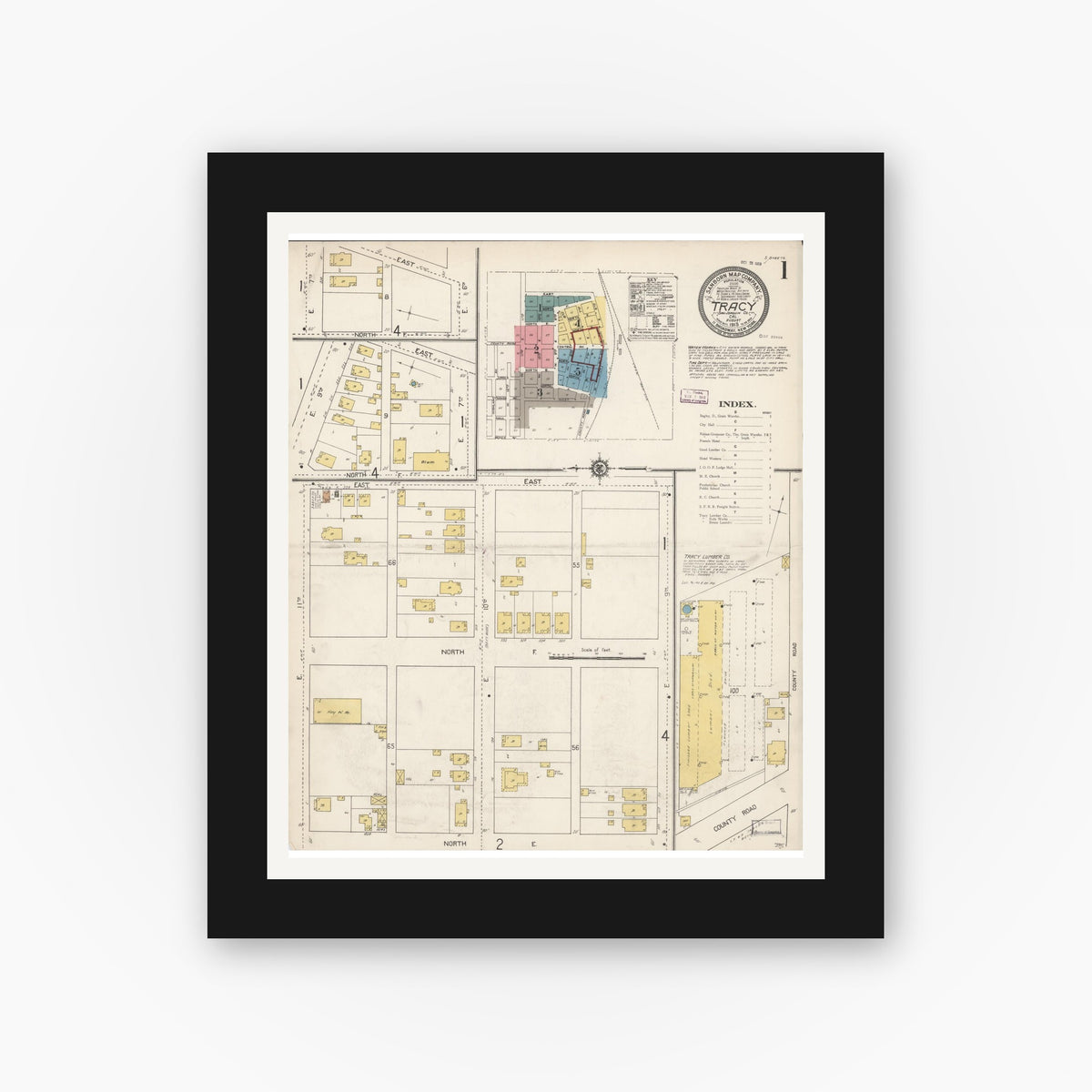 Old map wall art mockup — black gallery frame with white mat — Sanborn Fire Insurance Map from Tracy, San Joaquin County, California (1913) - Complete Map Set