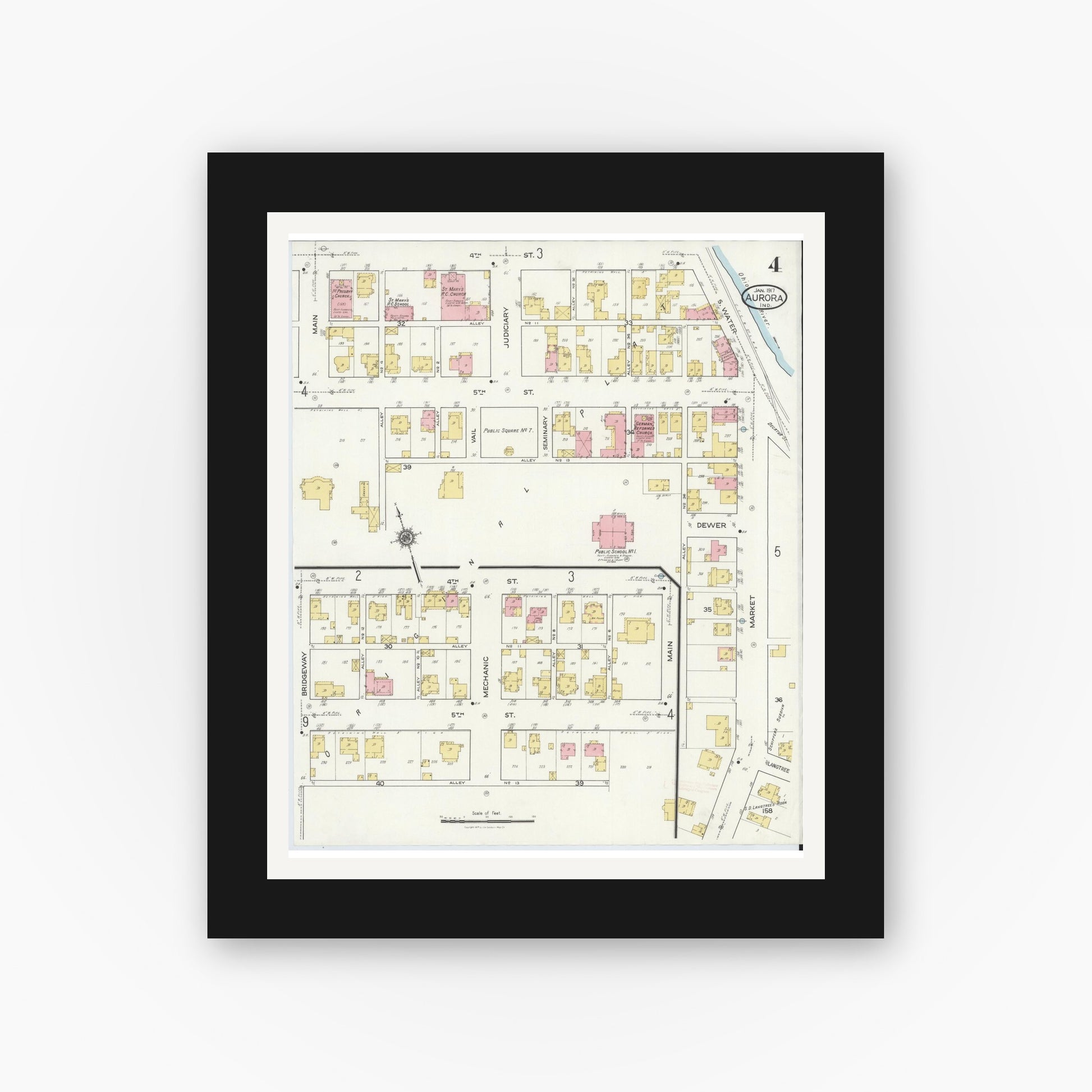 Old map wall art mockup — black gallery frame with white mat — Sanborn Fire Insurance Map from Aurora, Dearborn County, Indiana (1917), Sheet #0004